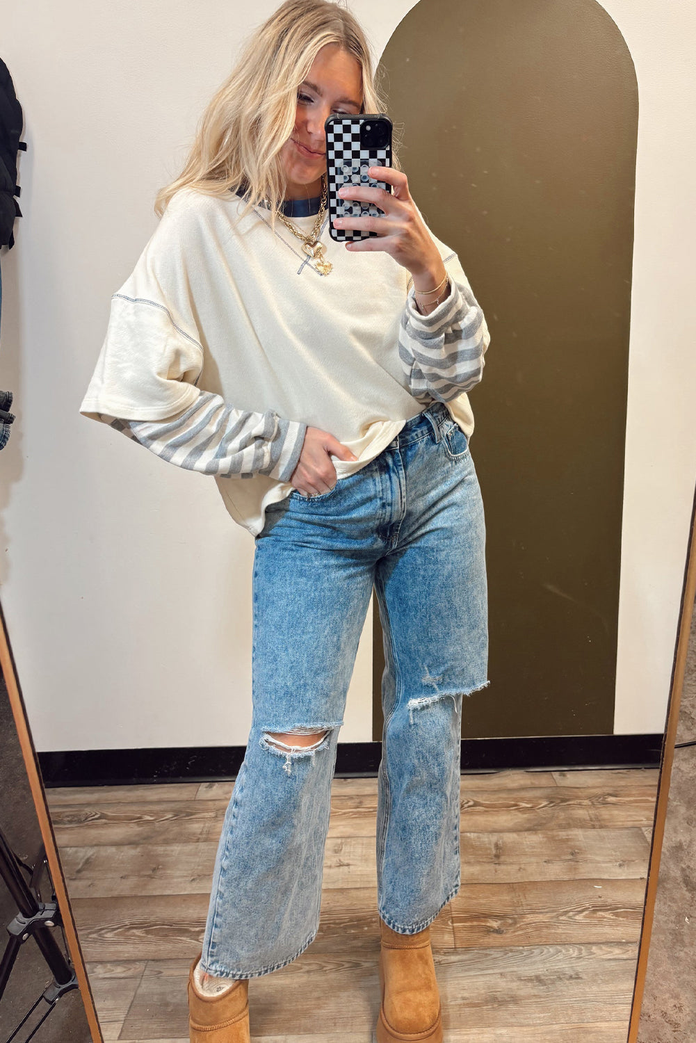 Long-Sleeved Striped Patchwork Round-Neck Two-in-one Top in Beige