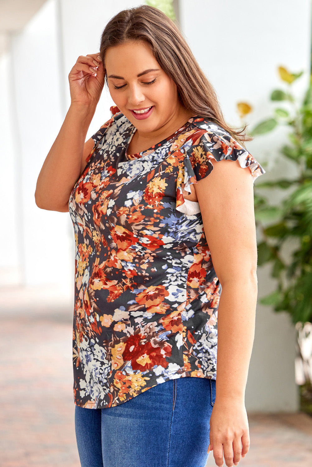 Women's Top with Flutter Sleeve Plus Vintage Floral-Print