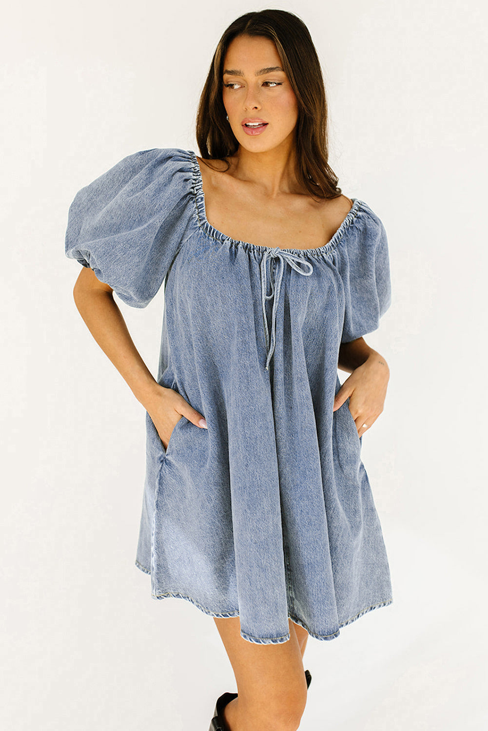 Bubble Neck Sleeve Square Denim Babydoll Dress