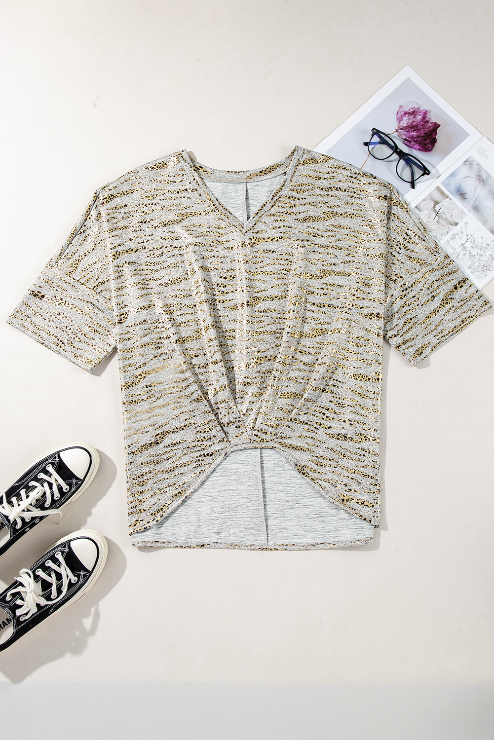 Leopard Print Half Sleeve V Neck Loose Fit T Shirt