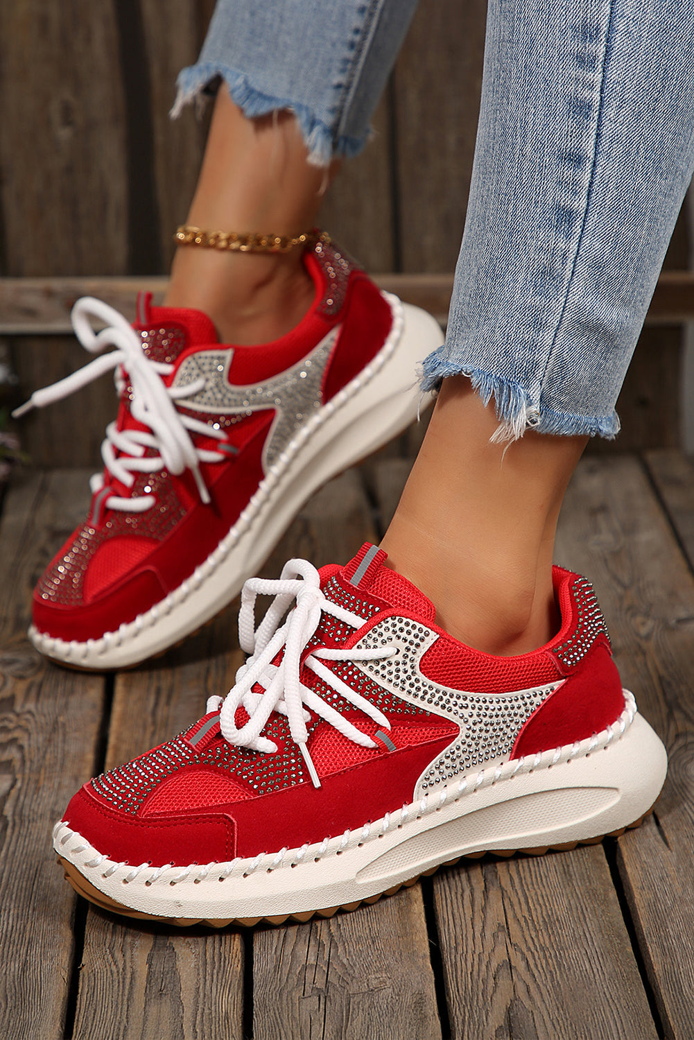 Embellished Colorblock Rhinestone Colorblock Patchwork Lace-up Breathable Sneakers Style