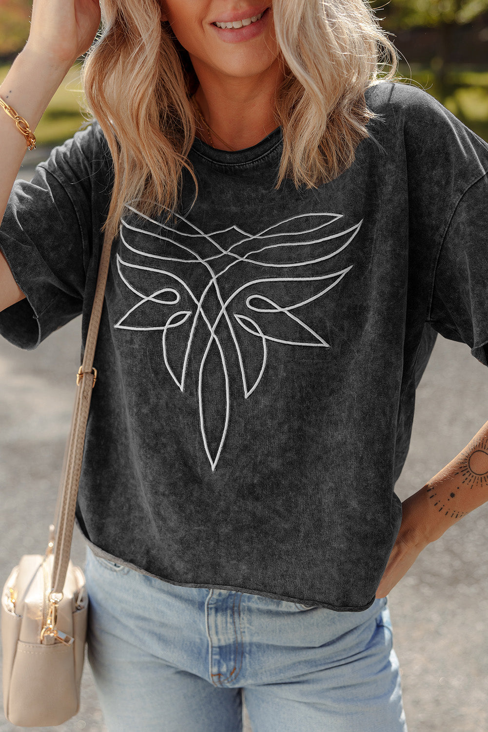 Floral Embroidered Mineral Wash Crew Neck T Shirt