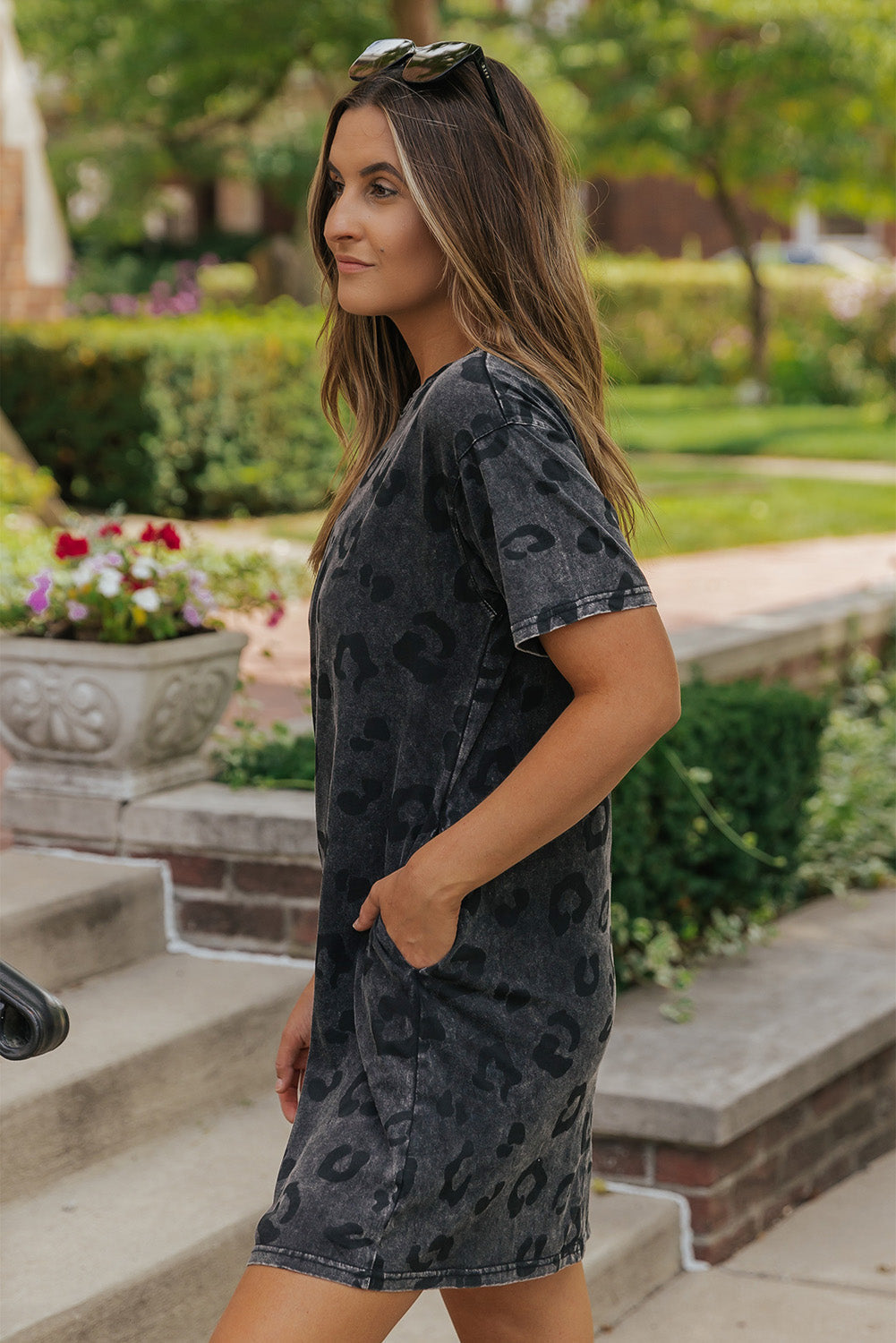 Vintage Washed Leopard T-Shirt Dress with Pockets