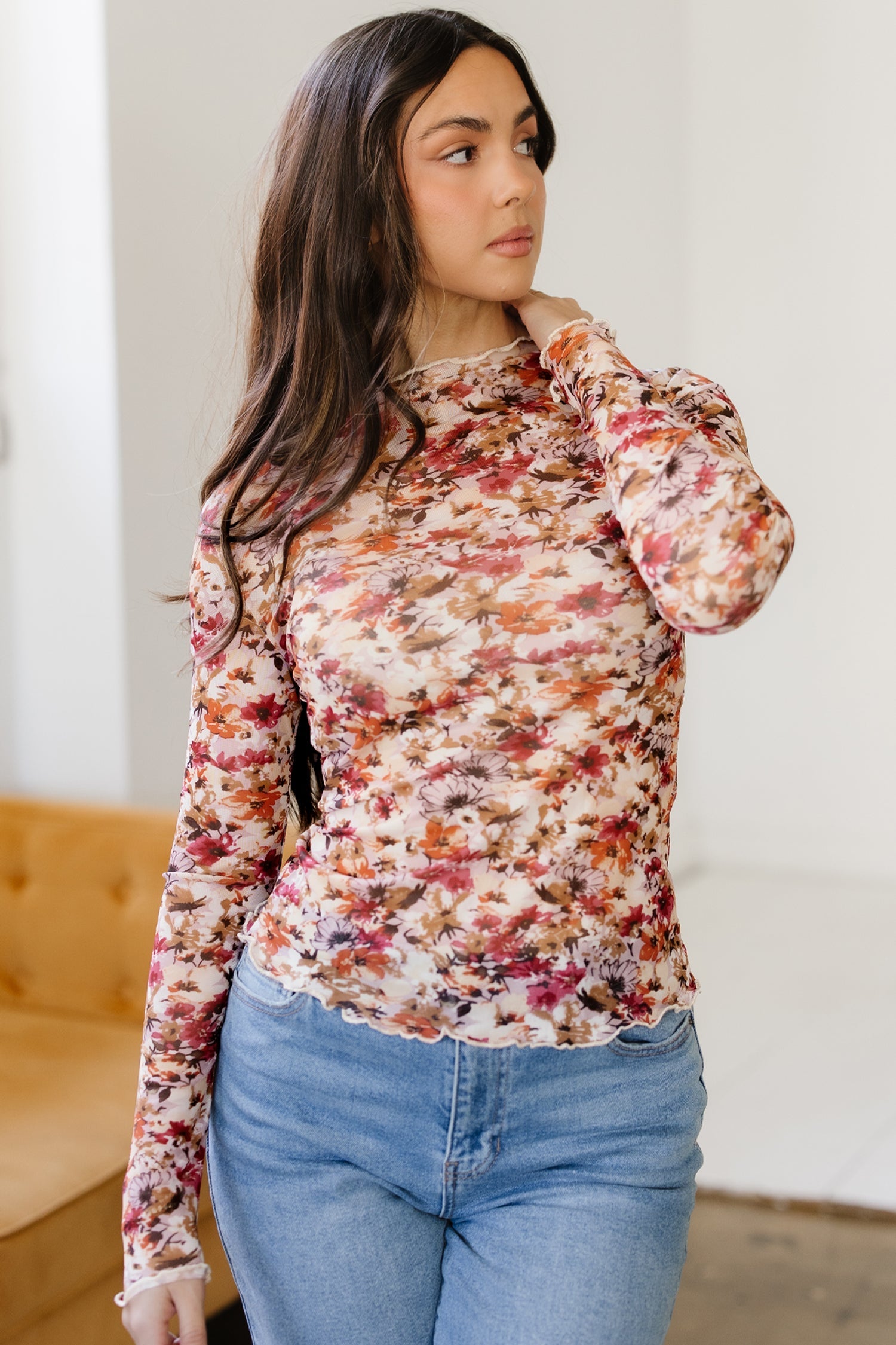 Mesh Long-Sleeved Floral-Print Long-Sleeved Top in Red
