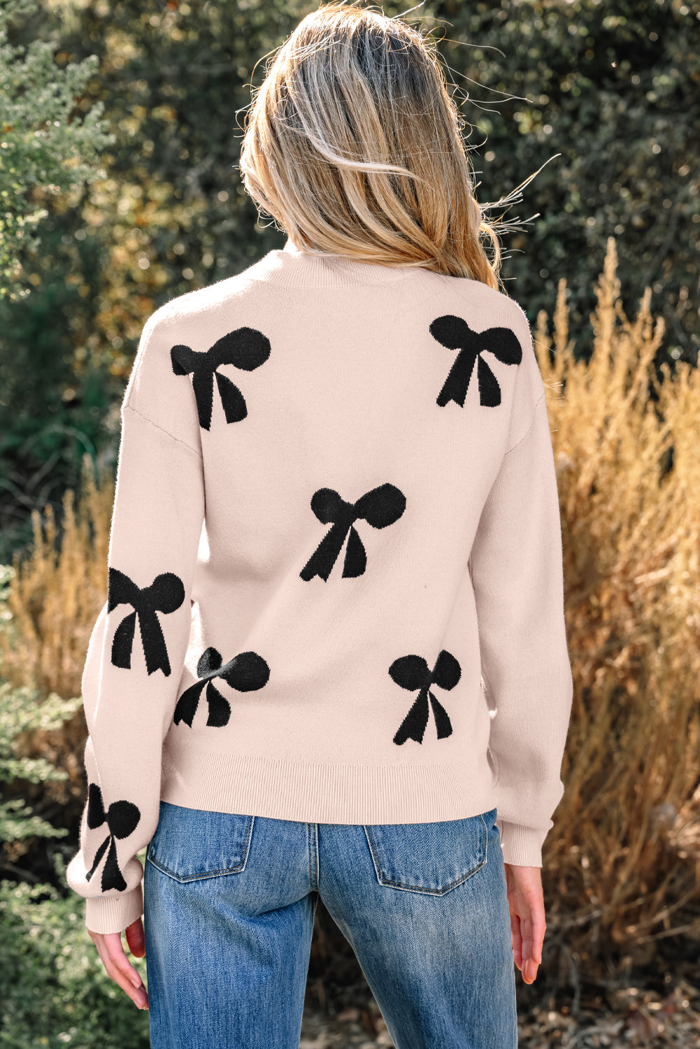 Pearl Embellished Bow Pattern Loose Knit Top
