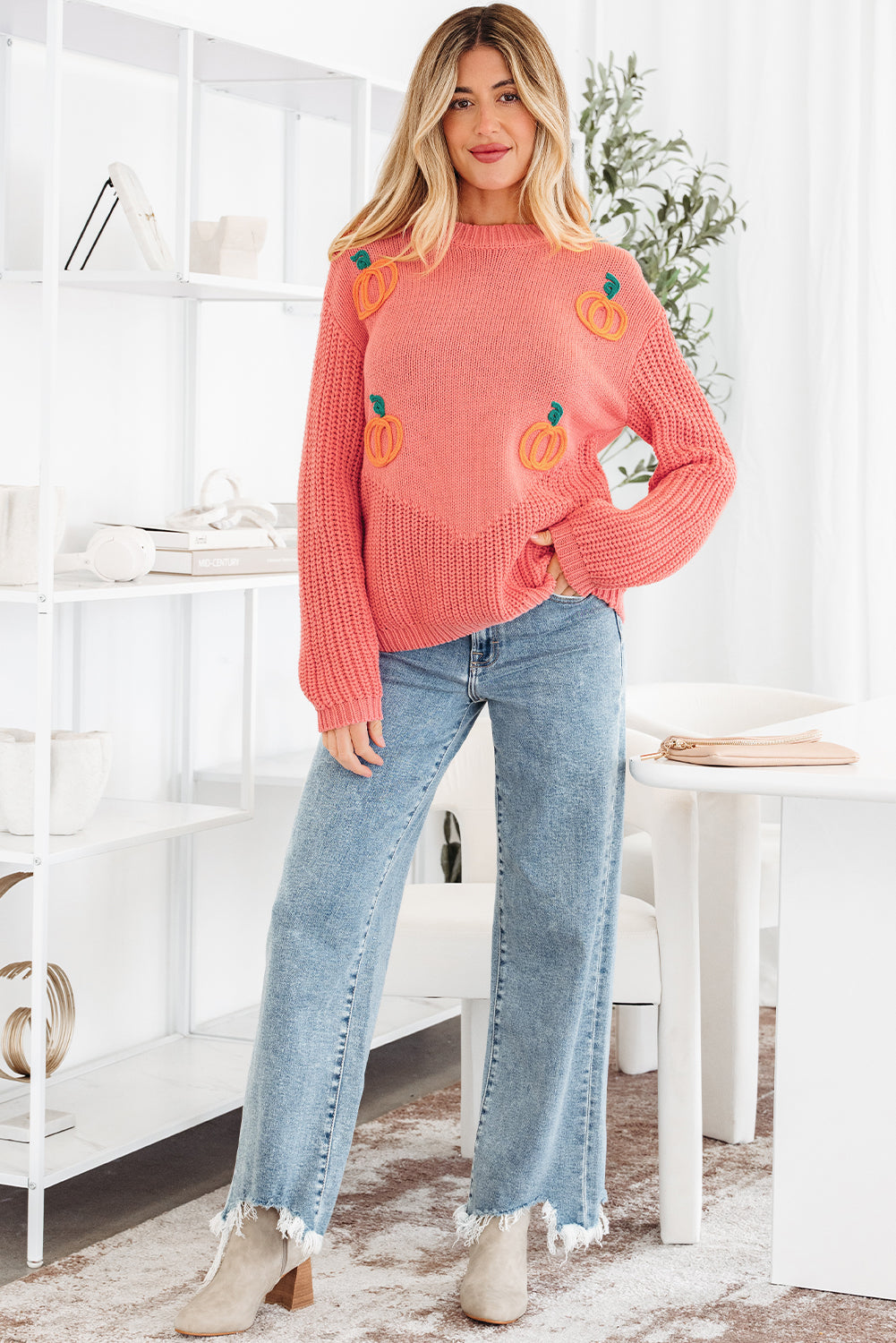 Pumpkin Embroidered Thanksgiving Holiday Knit Top