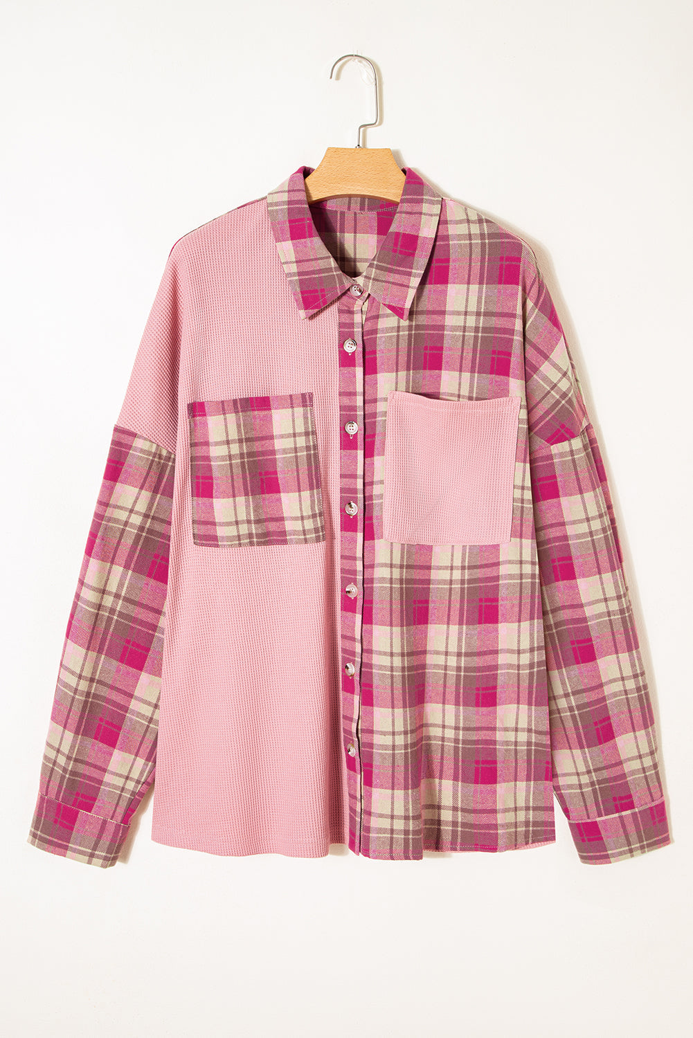 Patch Pocket Waffle Pocket Plaid Patchwork Plus Size Shirt in Pink