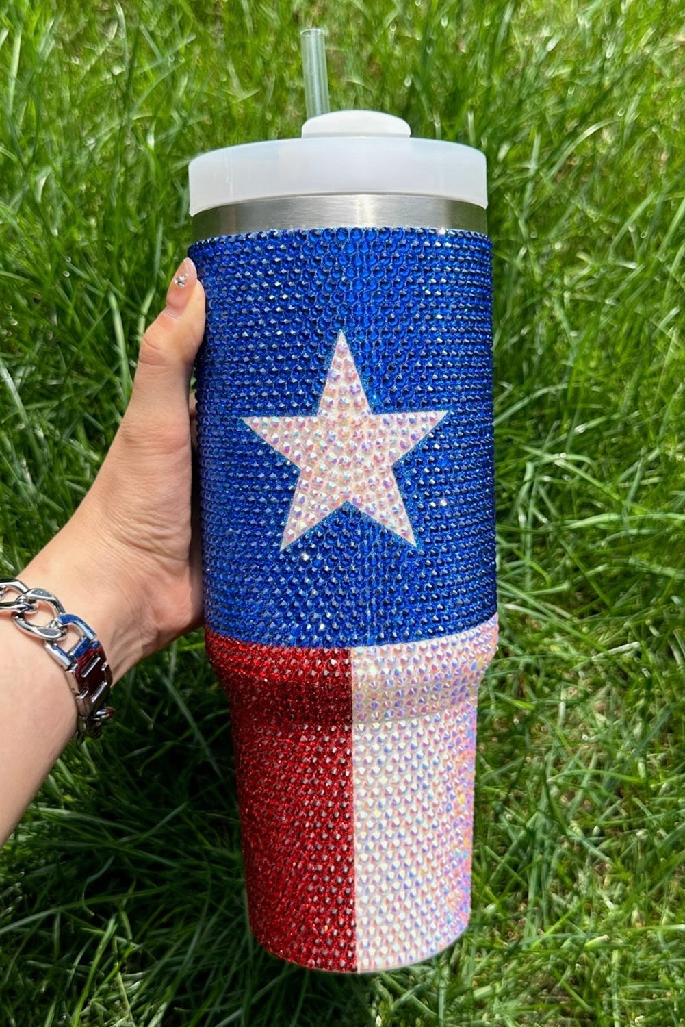 Star American Flag Full Rhinestone Handle Tumbler 40oz