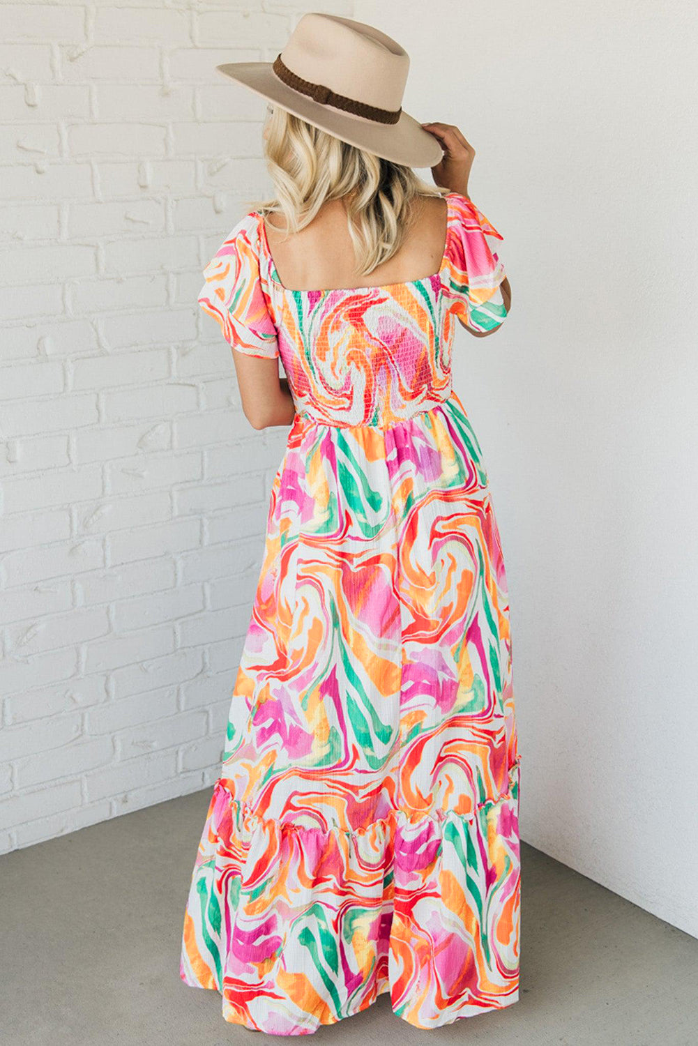 Pink Abstract Print Smocked Bust Maxi Dress