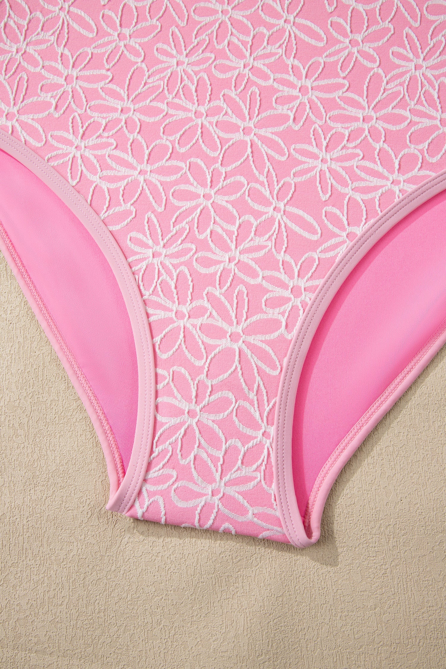 Flower Texture Corded Texture Spaghetti Straps Halterneck One Piece Swimsuit in Pink