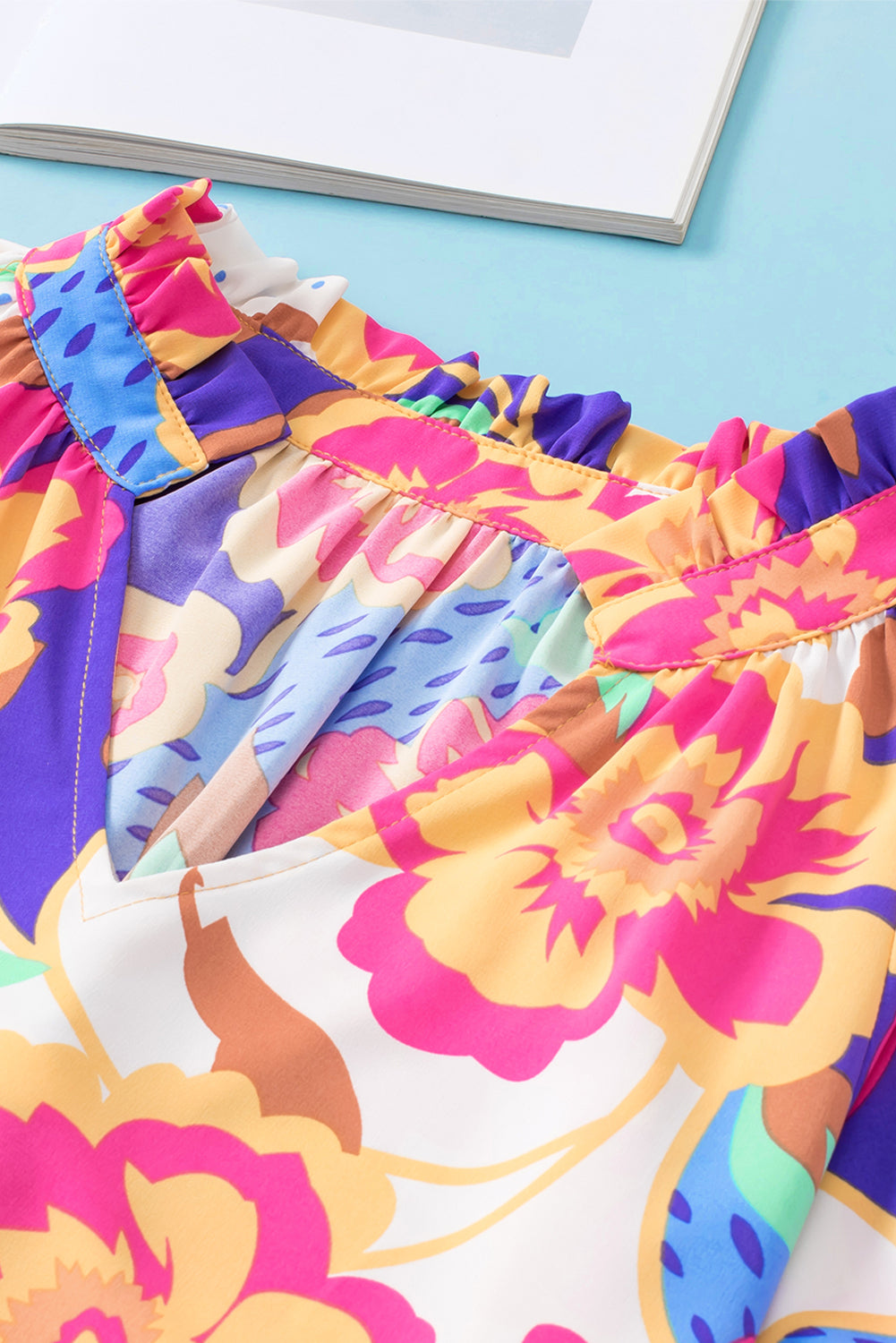 Women's Blouse with Floral-Print Split Neck Frill-Trimmed