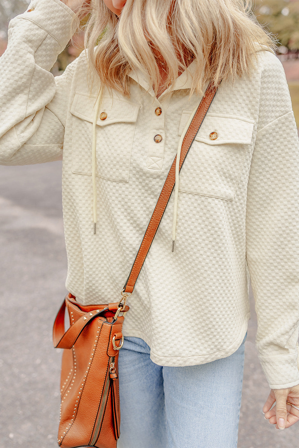 Textured Buttoned Neckline Side Pockets Hoodie