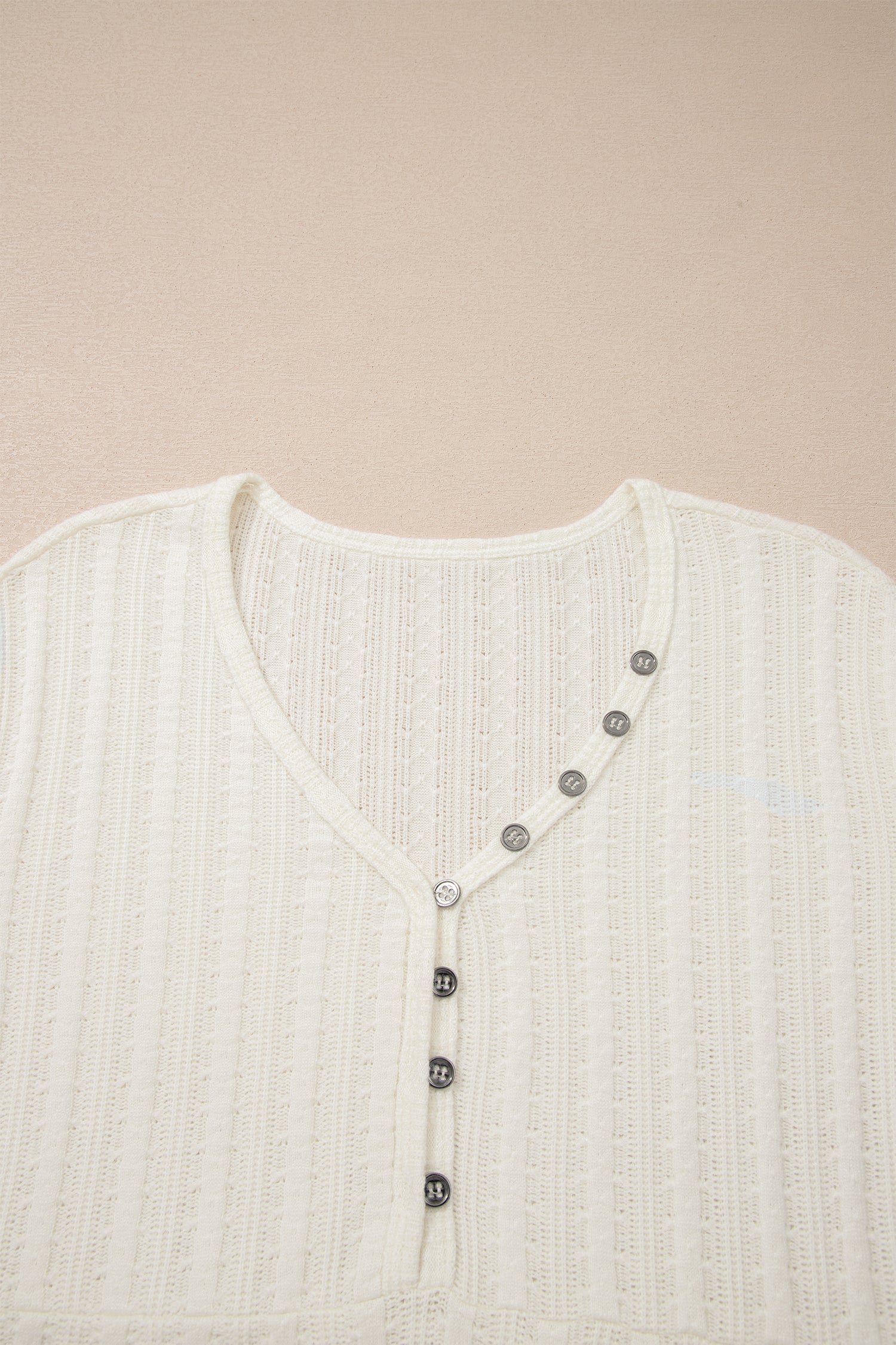 Button V-Neck Textured V-Neck Raw Seam Henley Tee in White