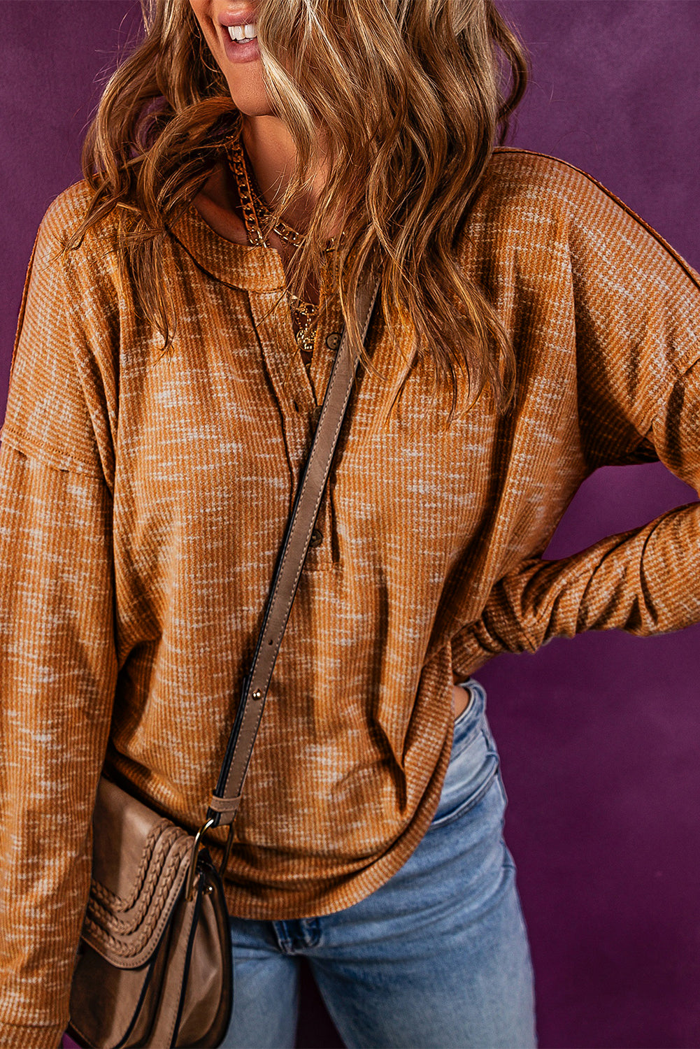 Henley Top for Women Dropped-Shoulder Long-Sleeve