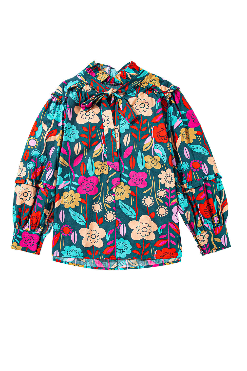 Women's Blouse Featuring Knot-Detail Split Neck Balloon Sleeve Floral-Print