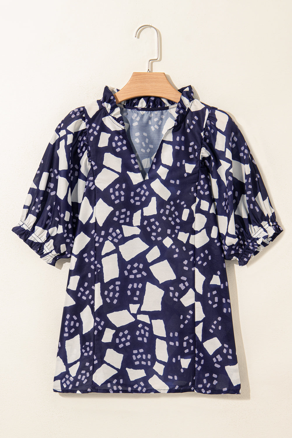 Print Frilled Abstract Frilled Puff Sleeve V-Neck Blouse
