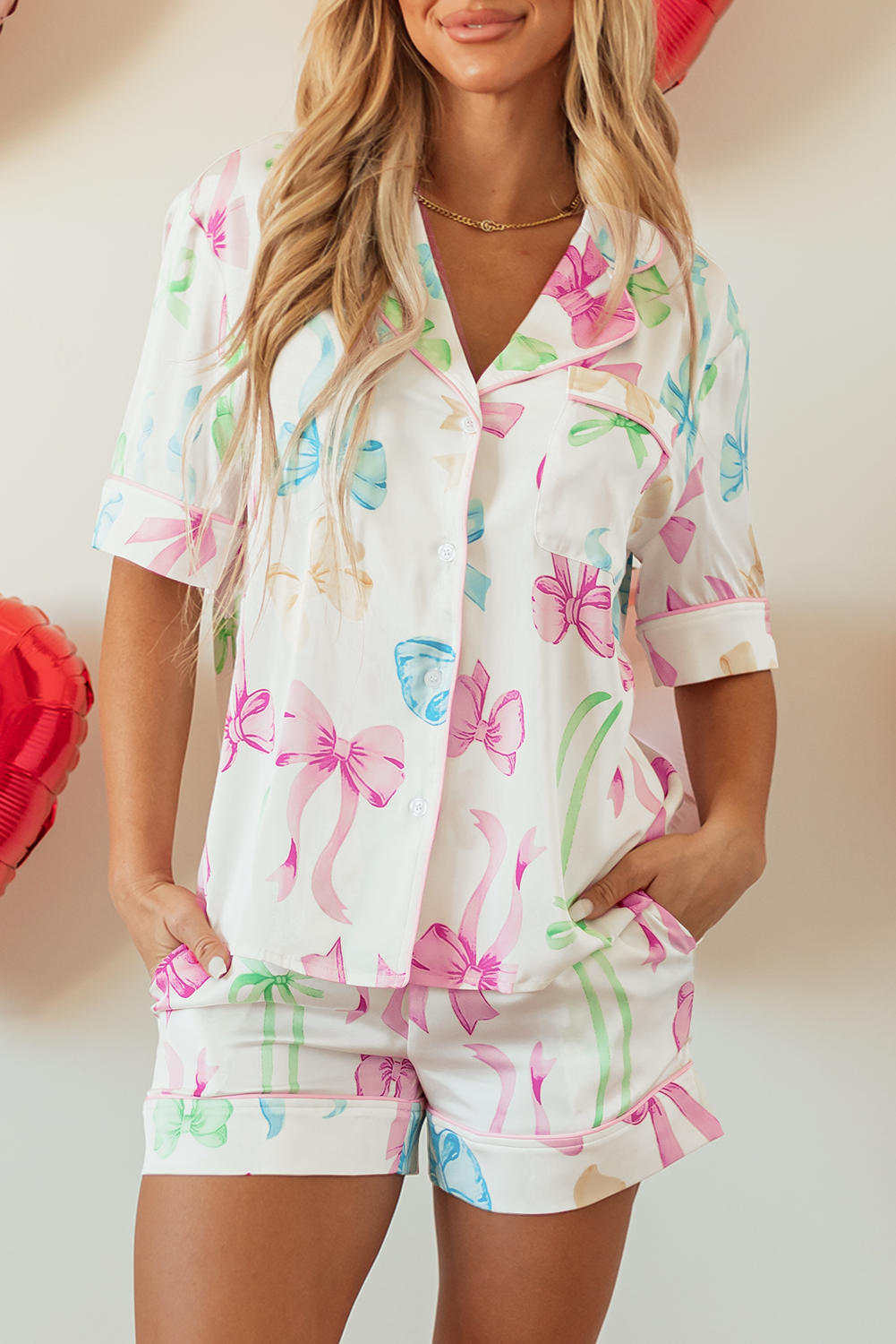 Print Button-Front Bowknot Button-Front Shirt High-Waisted Shorts Pajama Set