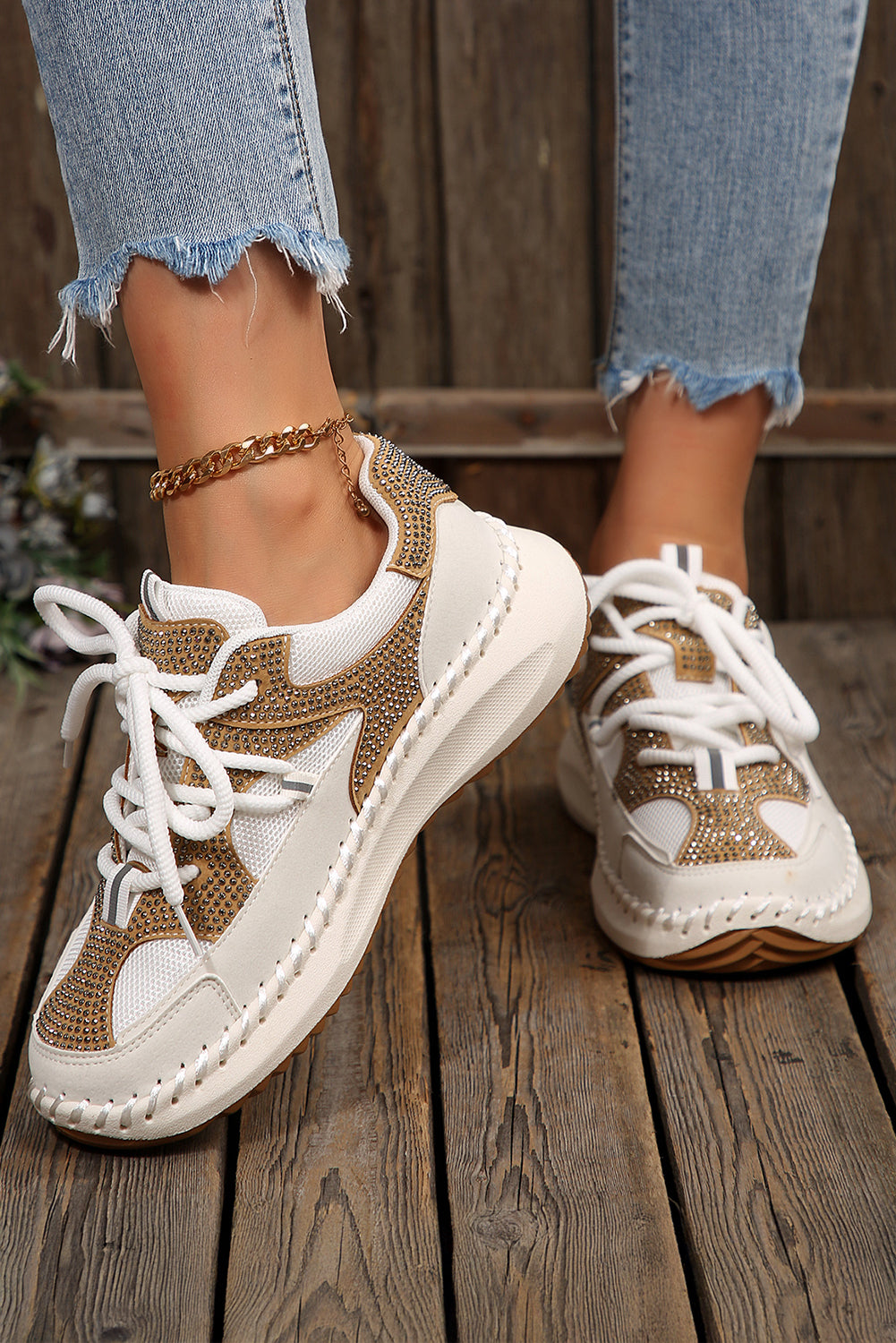 Embellished Colorblock Rhinestone Colorblock Patchwork Lace-up Breathable Sneakers