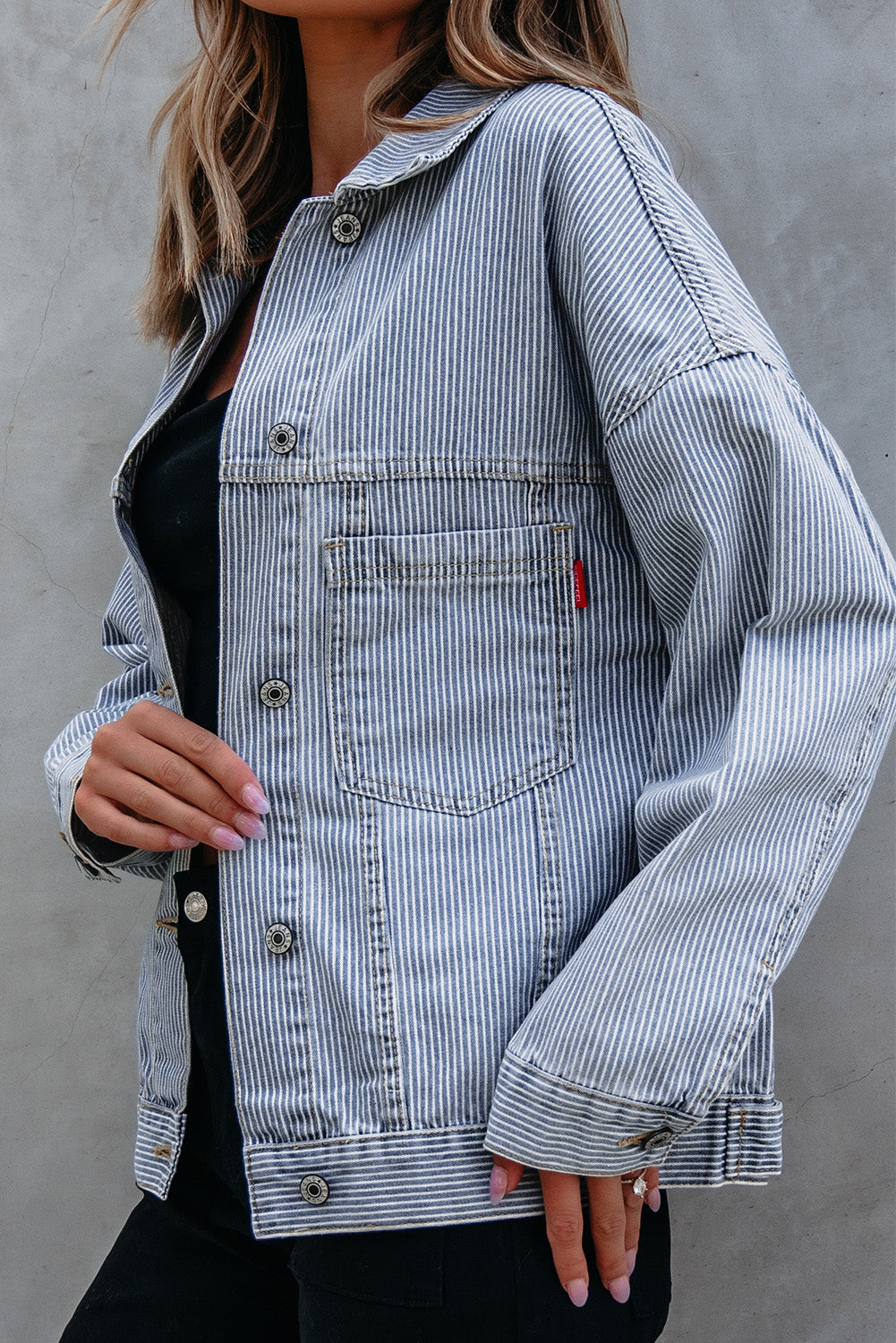 Denim Jacket: Washed Oversize Pocket-Detail