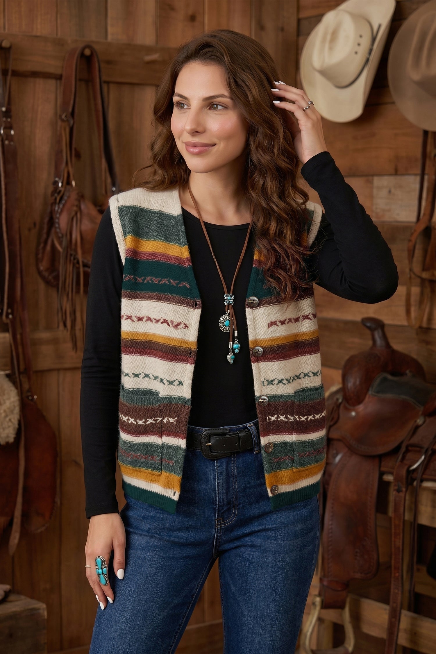 Striped Button Front Sleeveless Knit Timeless Fit Knit Top Vest in Multicolour