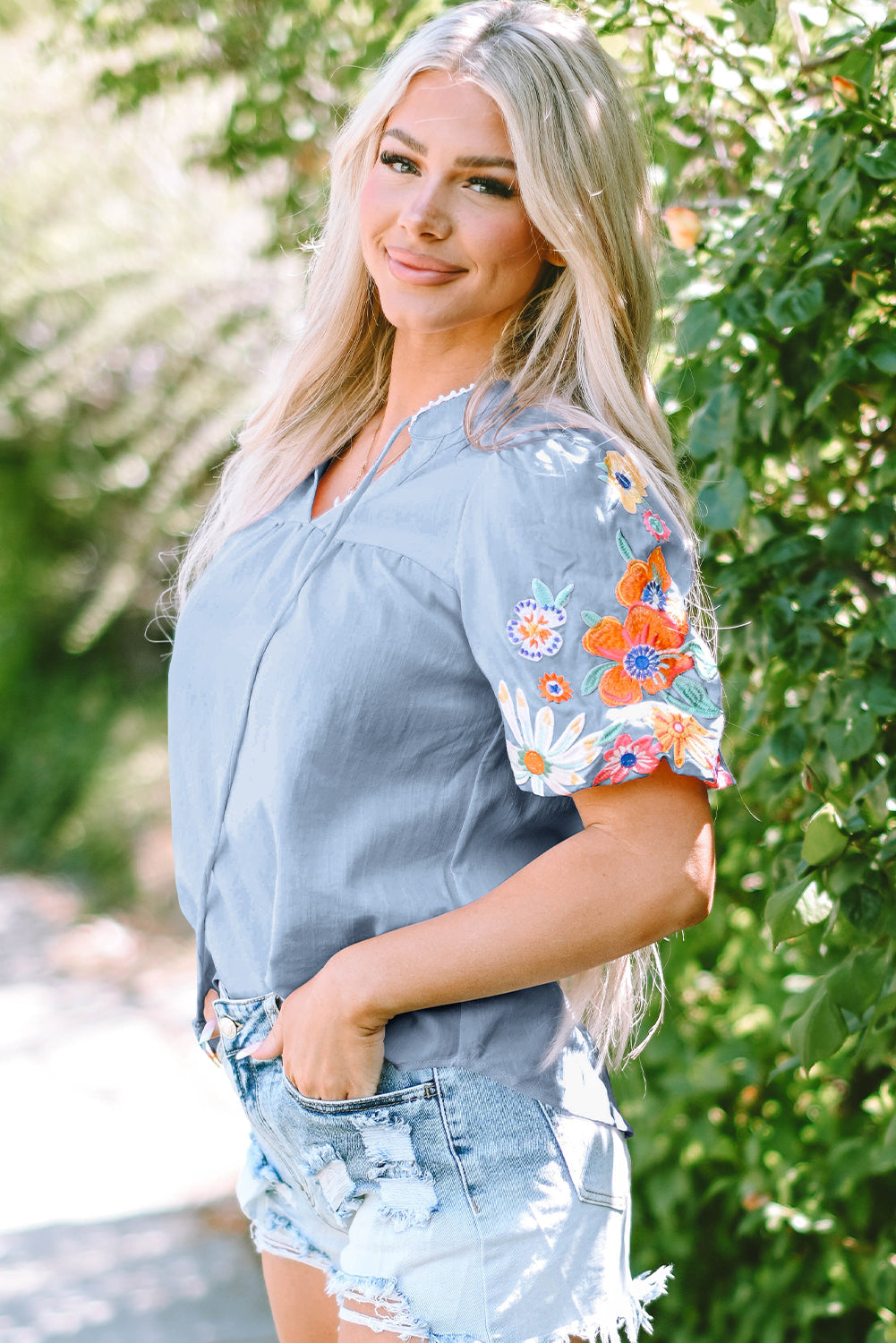 Floral Embroidered Puff Sleeve Split Neck Blouse