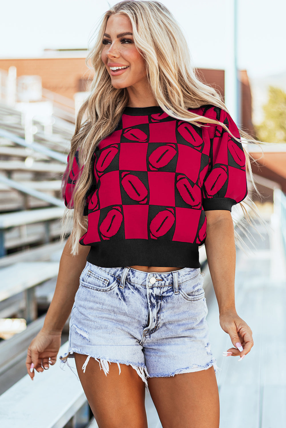 Rugby Plaid Color Block Puff Short Sleeve Sweater