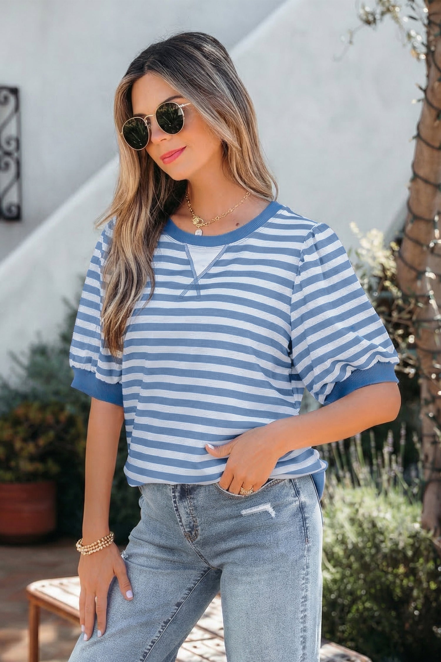 Stripe Sleeve Short Bubble T Shirt in Sky Blue