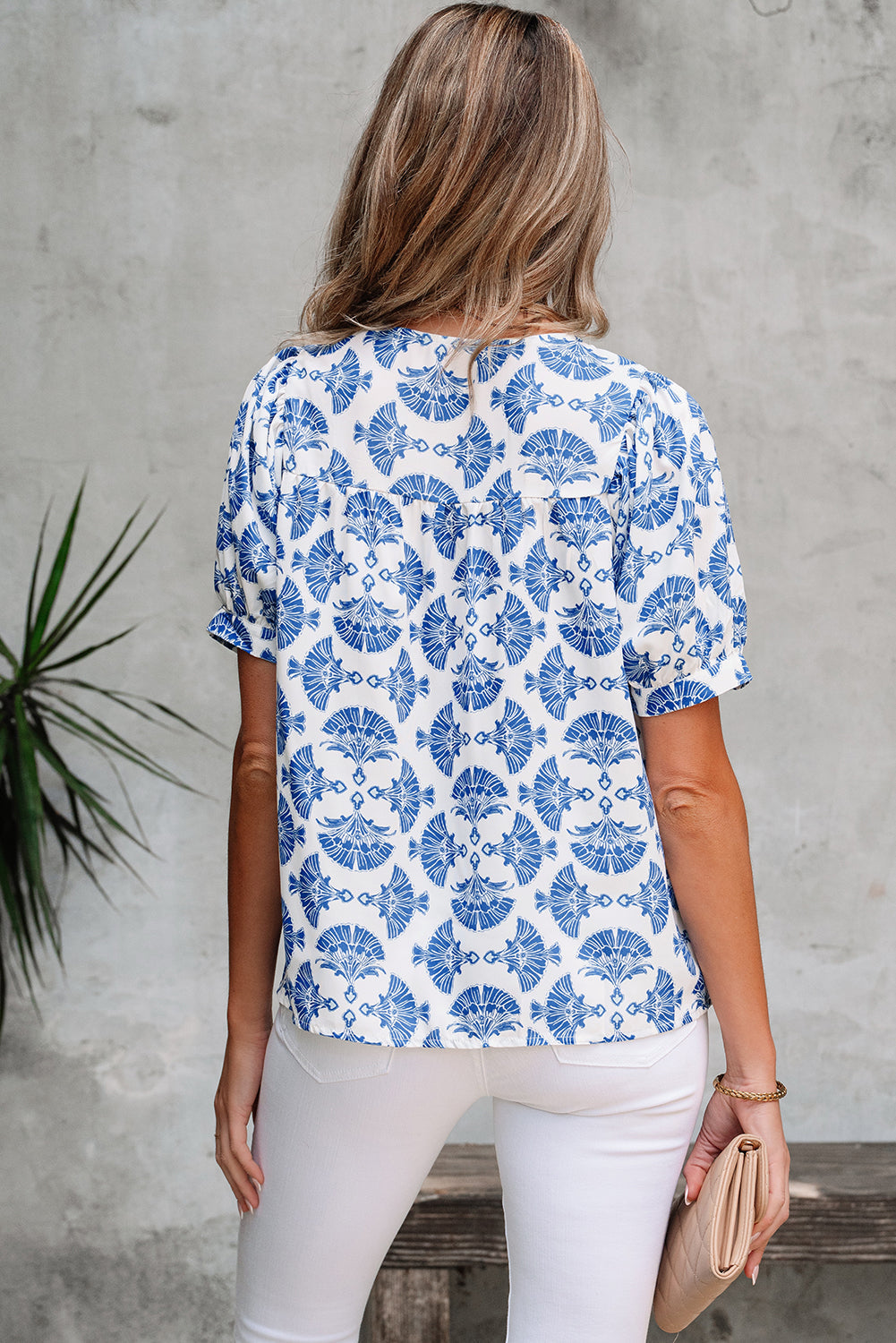 Geometric Drawcord Print Tassel V-Neck Blouse