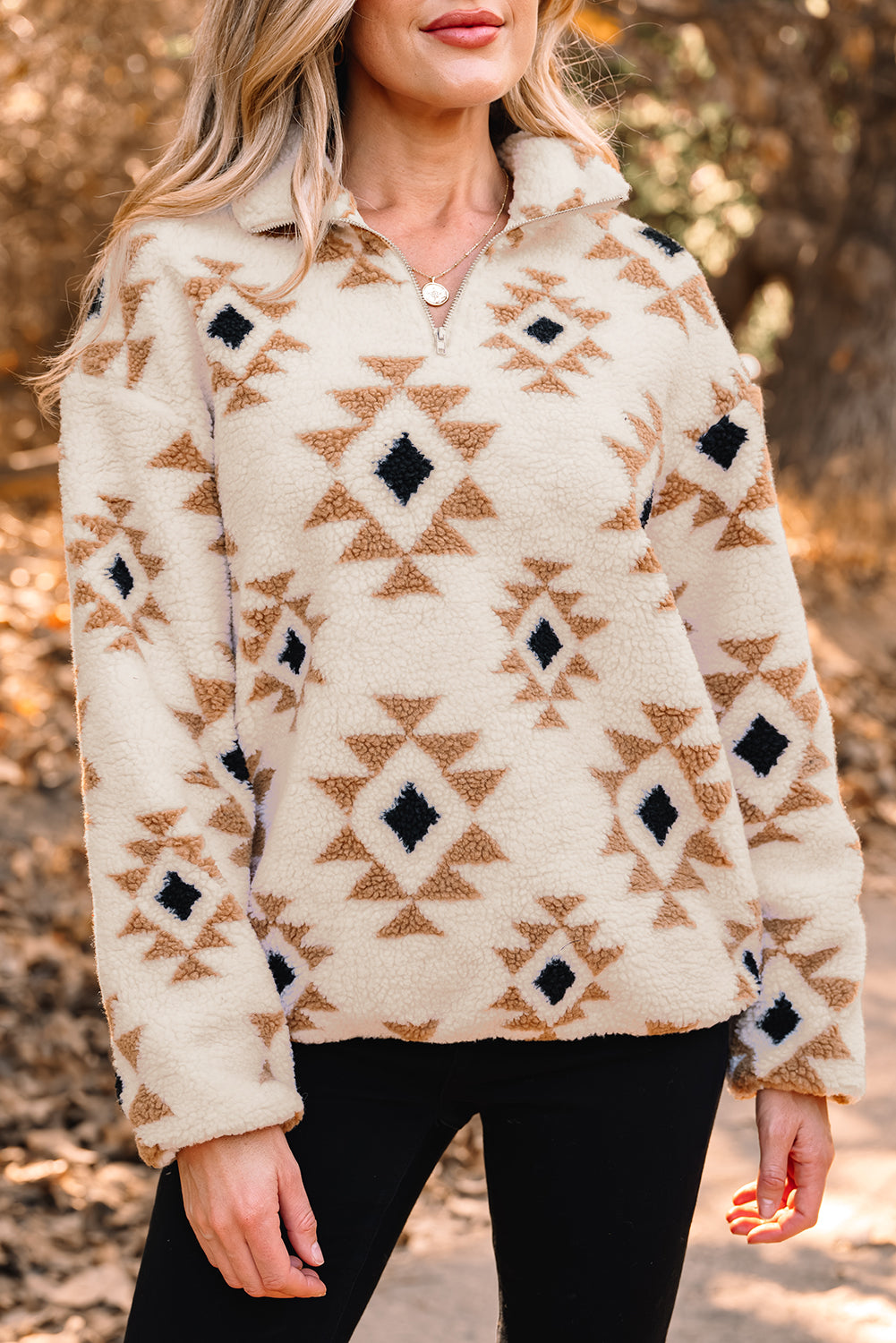 Aztec Print Sherpa Quarter Zip Collar Sweatshirt