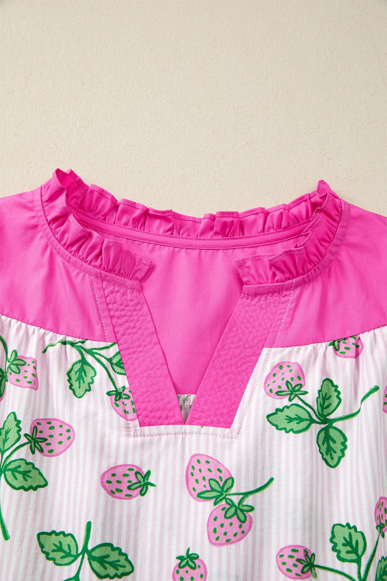 Printed Striped Strawberry Colorblock Patchwork V-Neck Flutter Sleeve Blouse