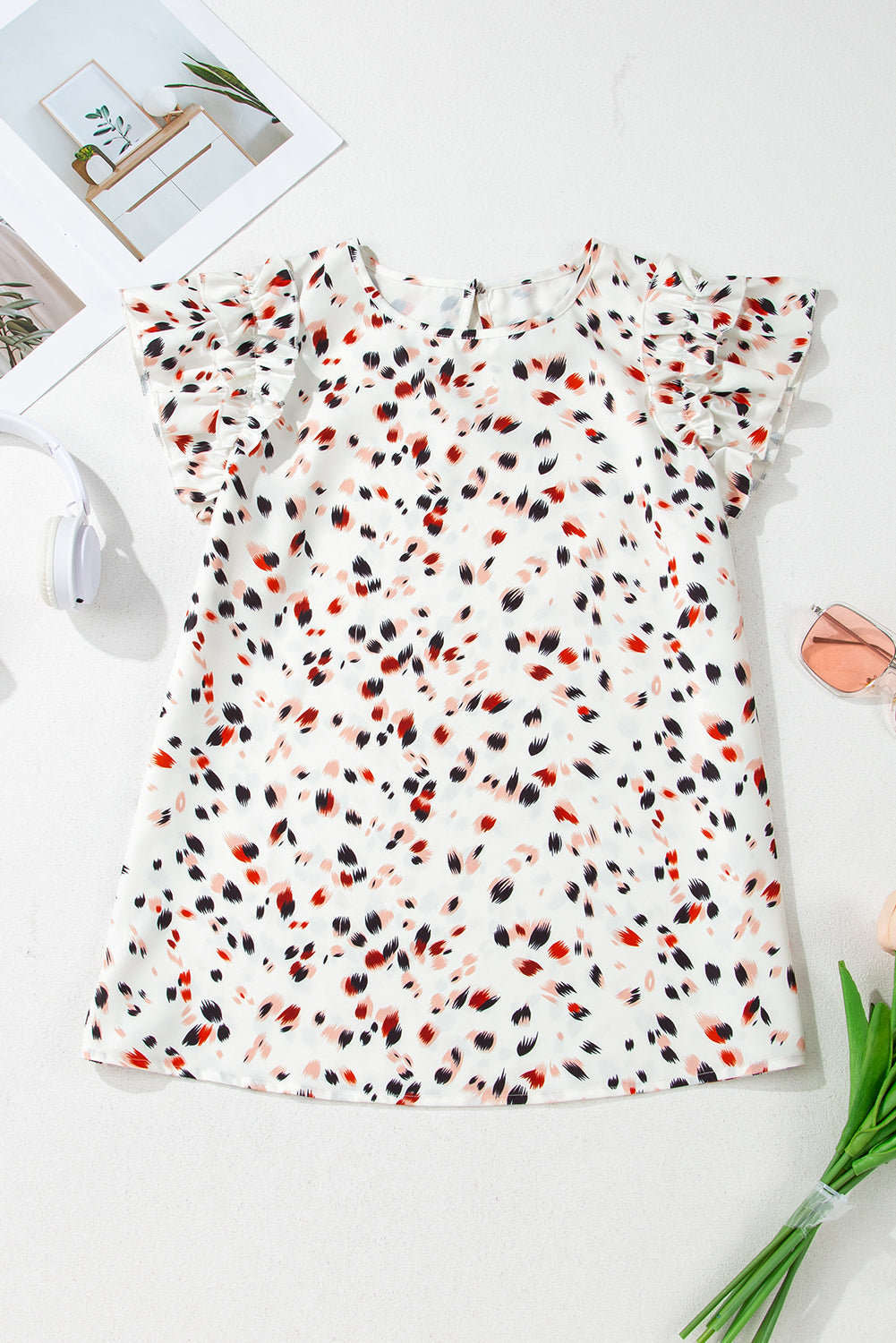 Abstract Flutter Print Ruffle Sleeve Keyhole Back Slim Blouse
