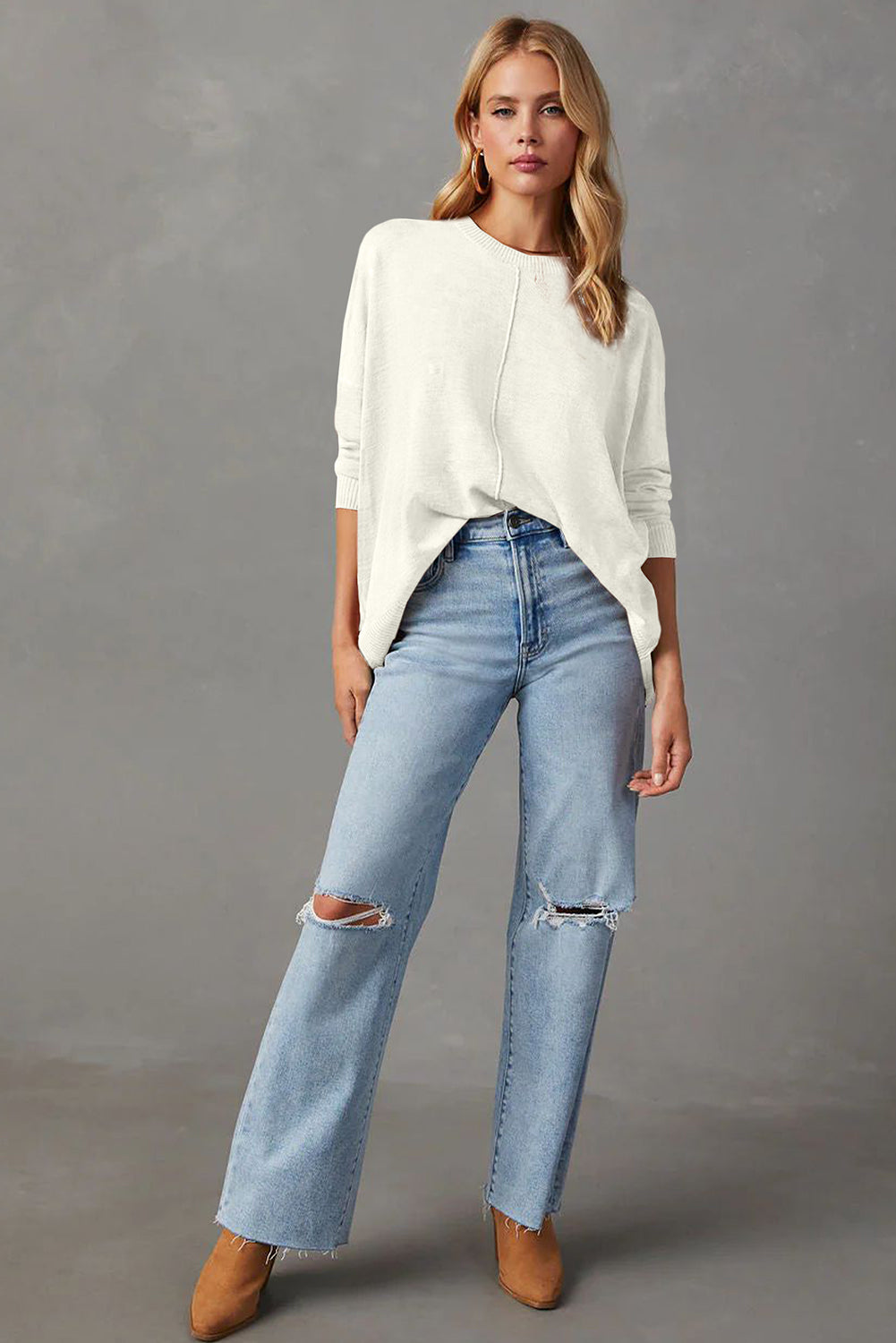 Center Seam Front Seam Drop-Shoulder Pullover Solid Knit Top