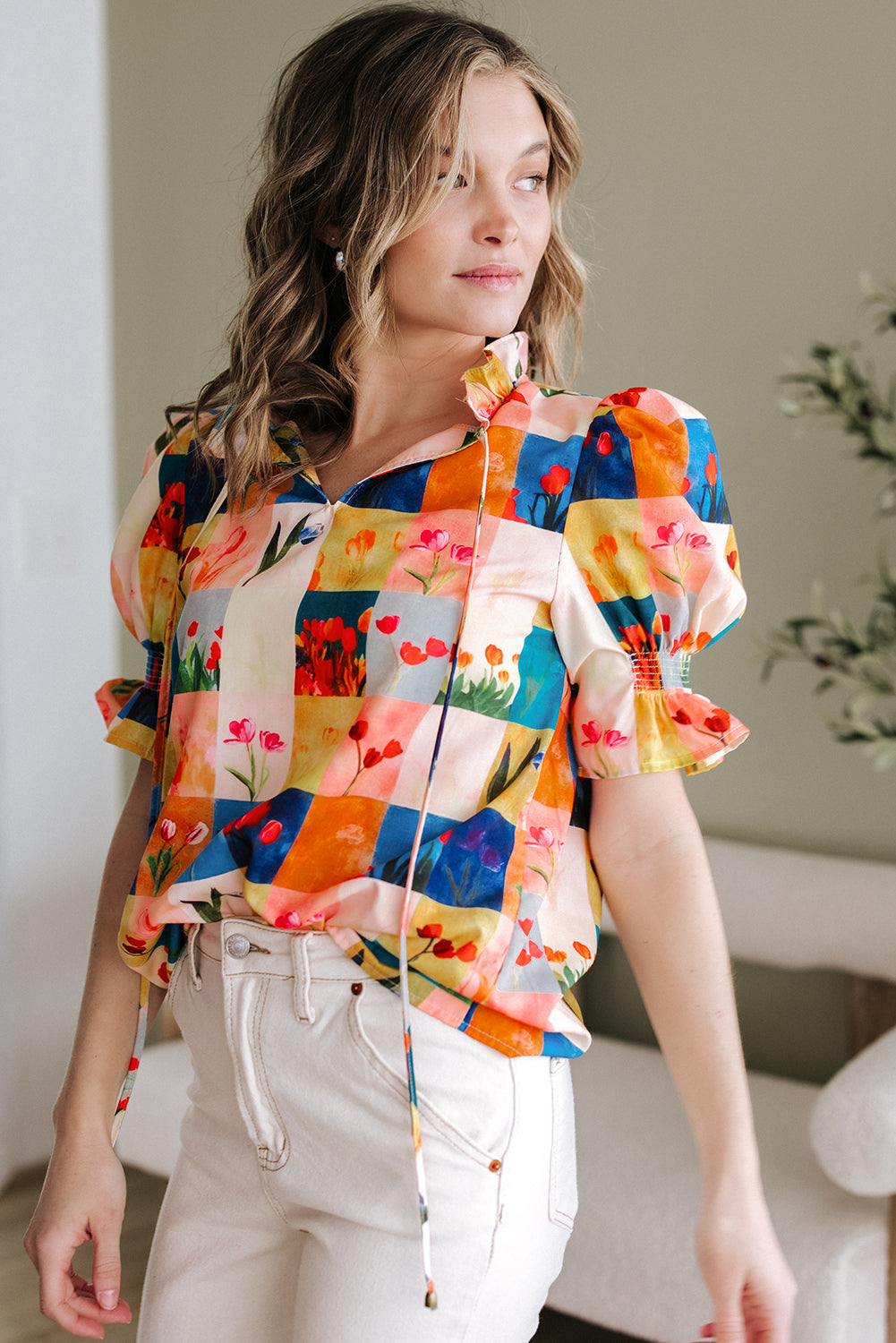 Floral Checker Print Ruffled Short Puff Sleeve Blouse