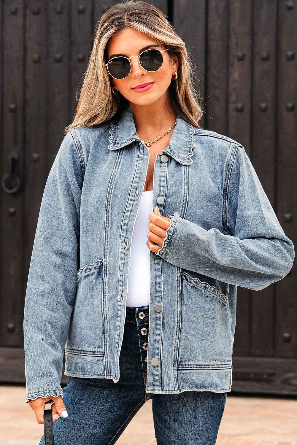 Scallop Patched Trim Collar Pocket Button-Front Denim Jacket