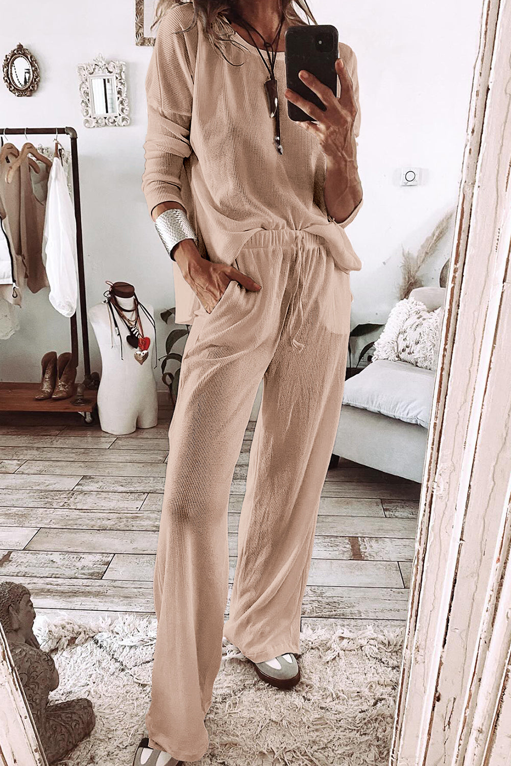 Long-Sleeved T Textured T Shirt and Pants Lounge Set