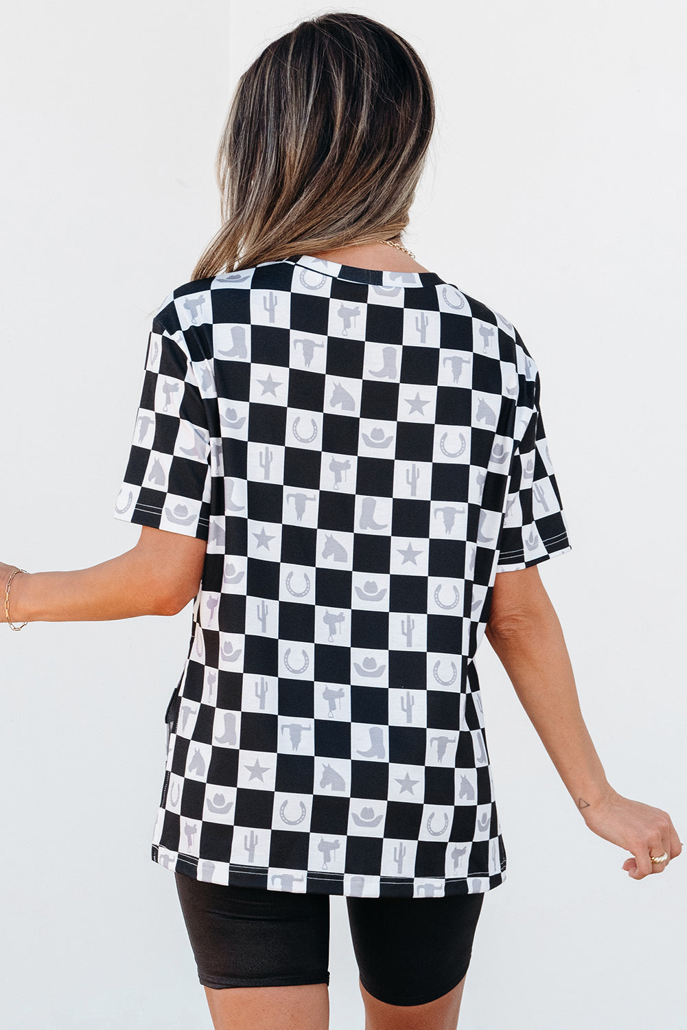 Black Western Checkerboard Print Side Split T Shirt