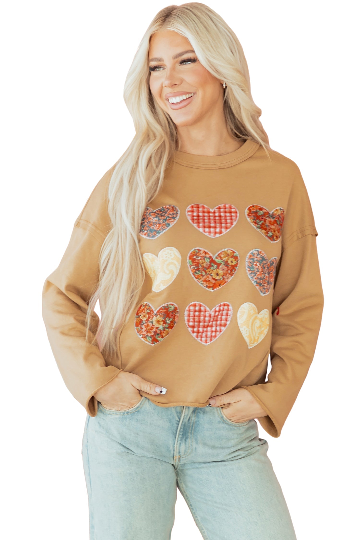 Plaid Floral Heart Stitched Exposed Seam Mineral Wash Sweatshirt