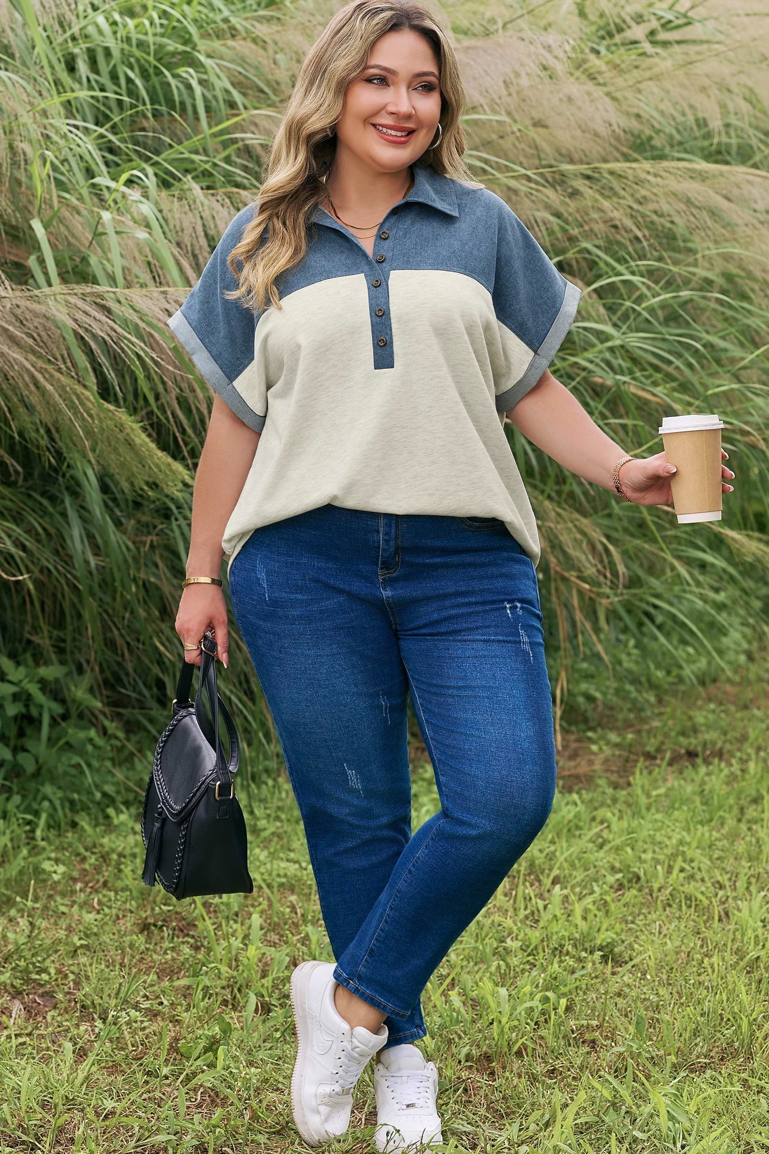 Light Buttons Grey Half Collared Denim Plus Short-Sleeved Top