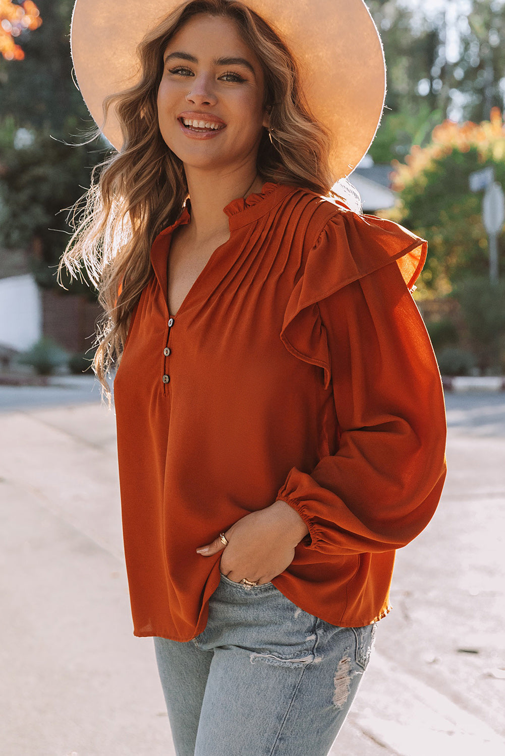 Women's Button-Front V Neck Ruffle-Trimmed Pleat-Detail Blouse