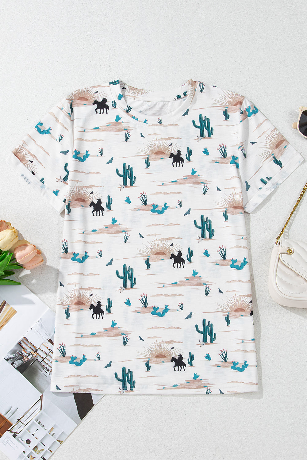 Western Cactus Print Crew Neck Short Sleeve Top