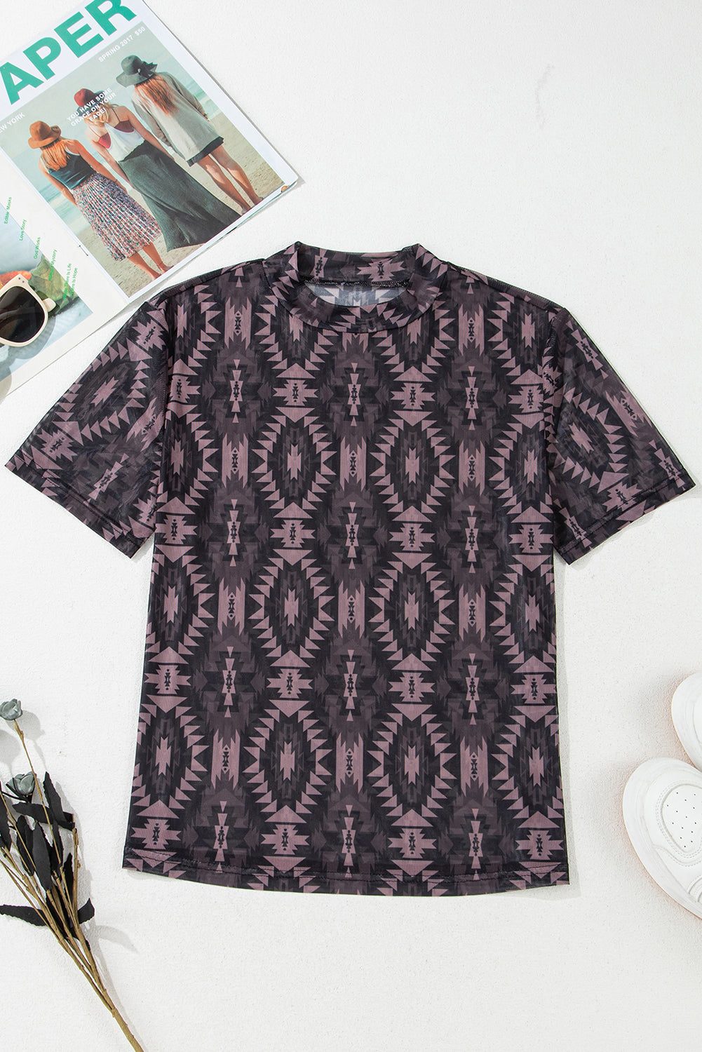 Aztec Print Mock Neck Short Sleeve Mesh T Shirt