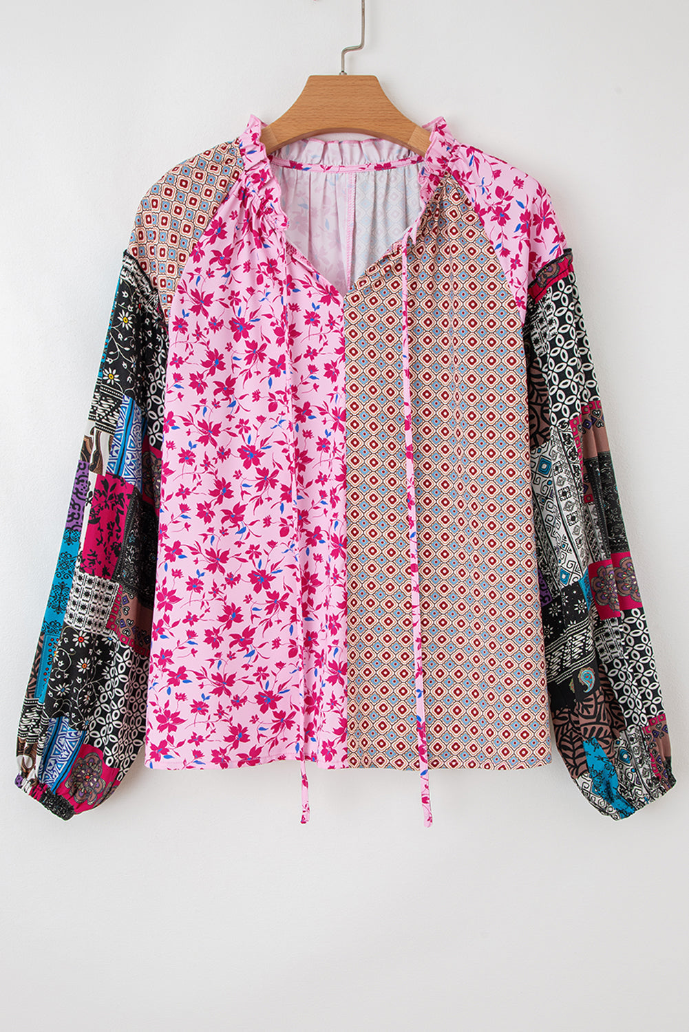 Boho Drop-Shoulder Mixed Floral Bubble Sleeve Blouse