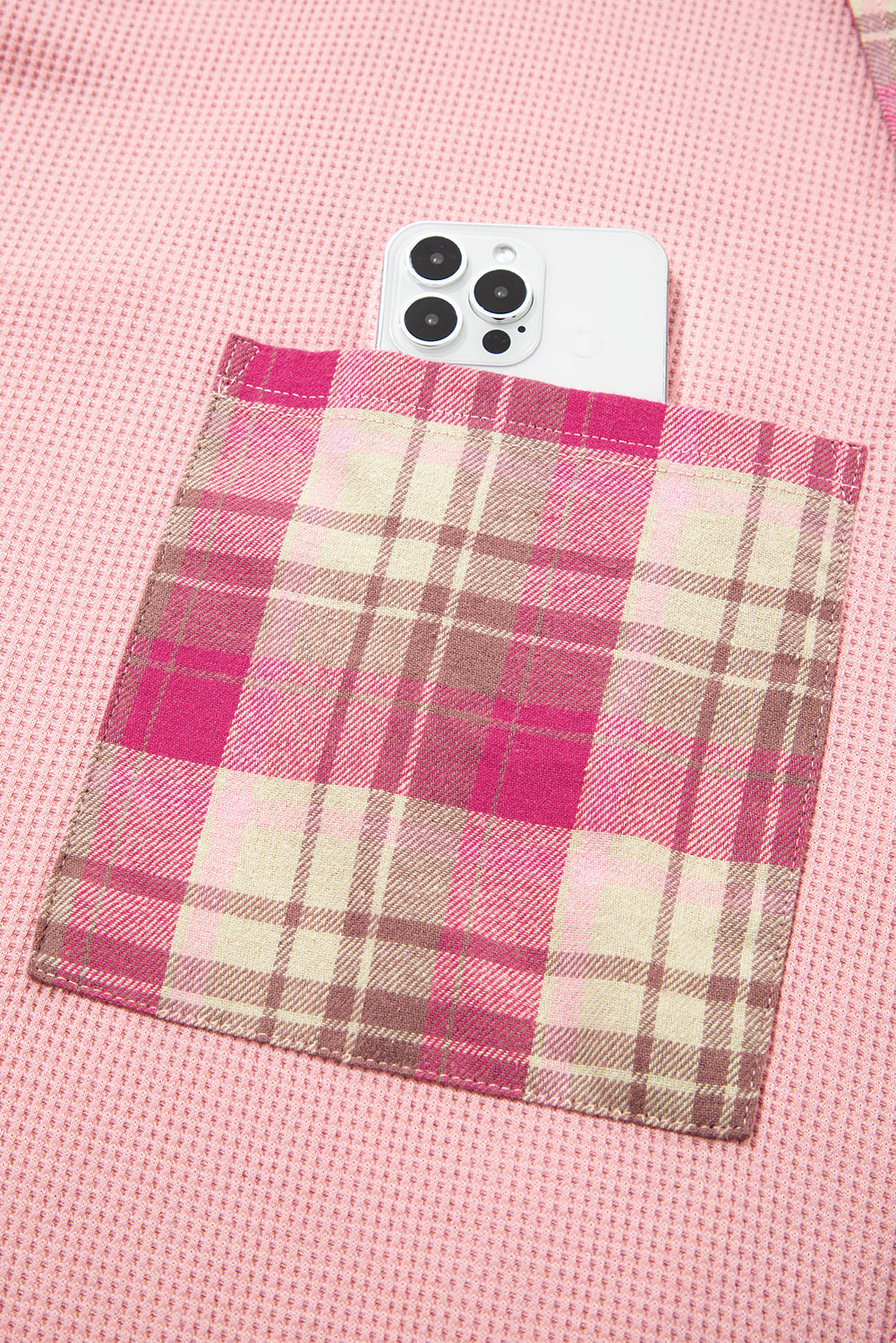 Patch Pocket Waffle Pocket Plaid Patchwork Plus Size Shirt in Pink