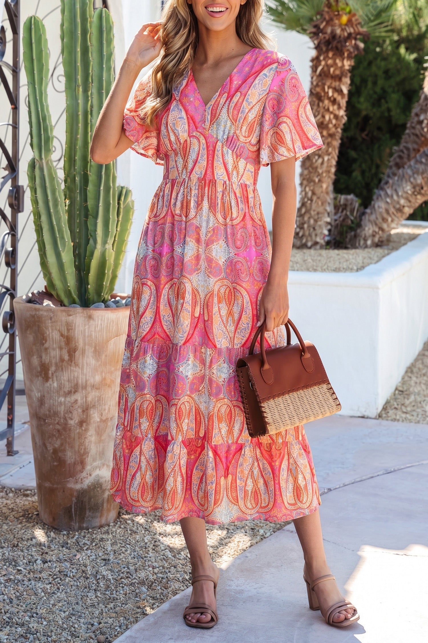 Polished Short-Sleeved Paisley Print Boho Maxi Dress with Ruffle Details