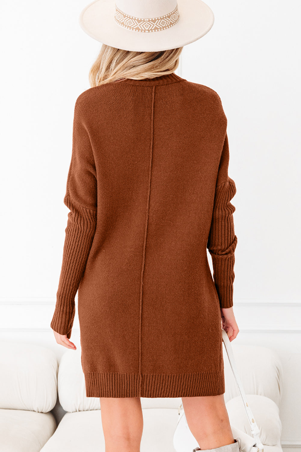 Neck Rib-Knit High Front Pockets Center Seam Shift Knit Top Dress