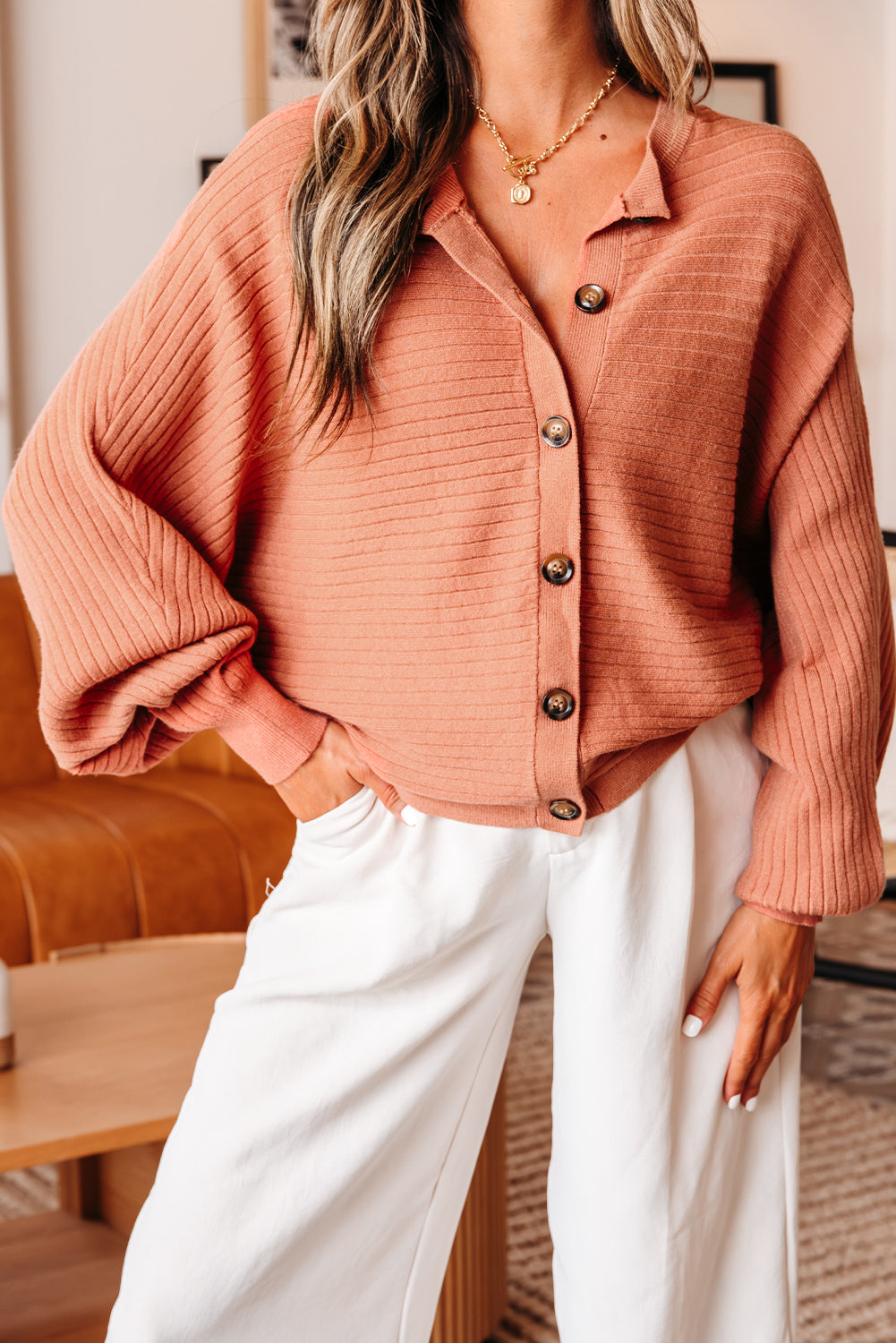 Button Wide Rib-Knit Front Dolman Sleeve Cardigan Knit Top