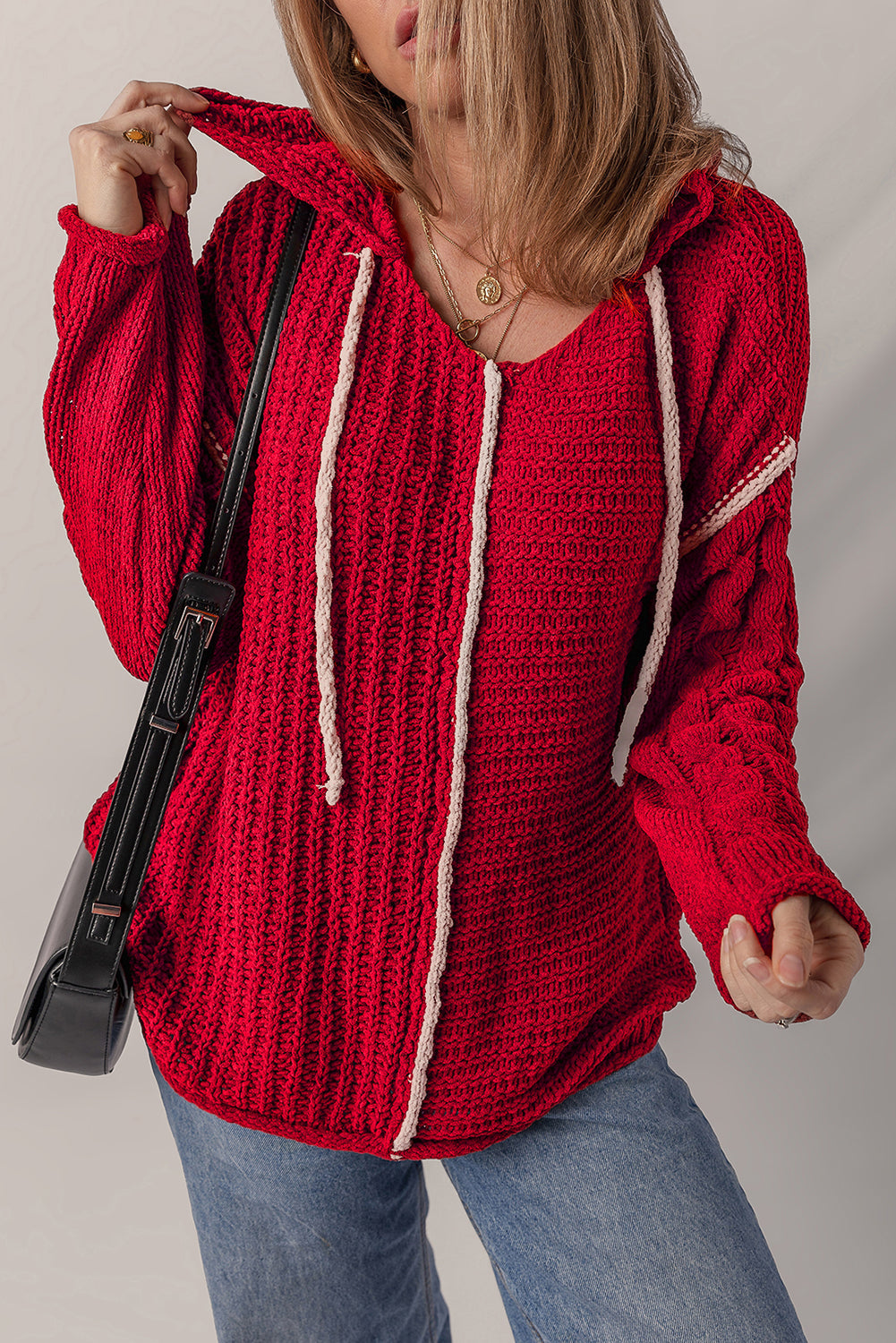 Contrast Trim Color Trim Textured Knit Drawcord Hooded Knit Top