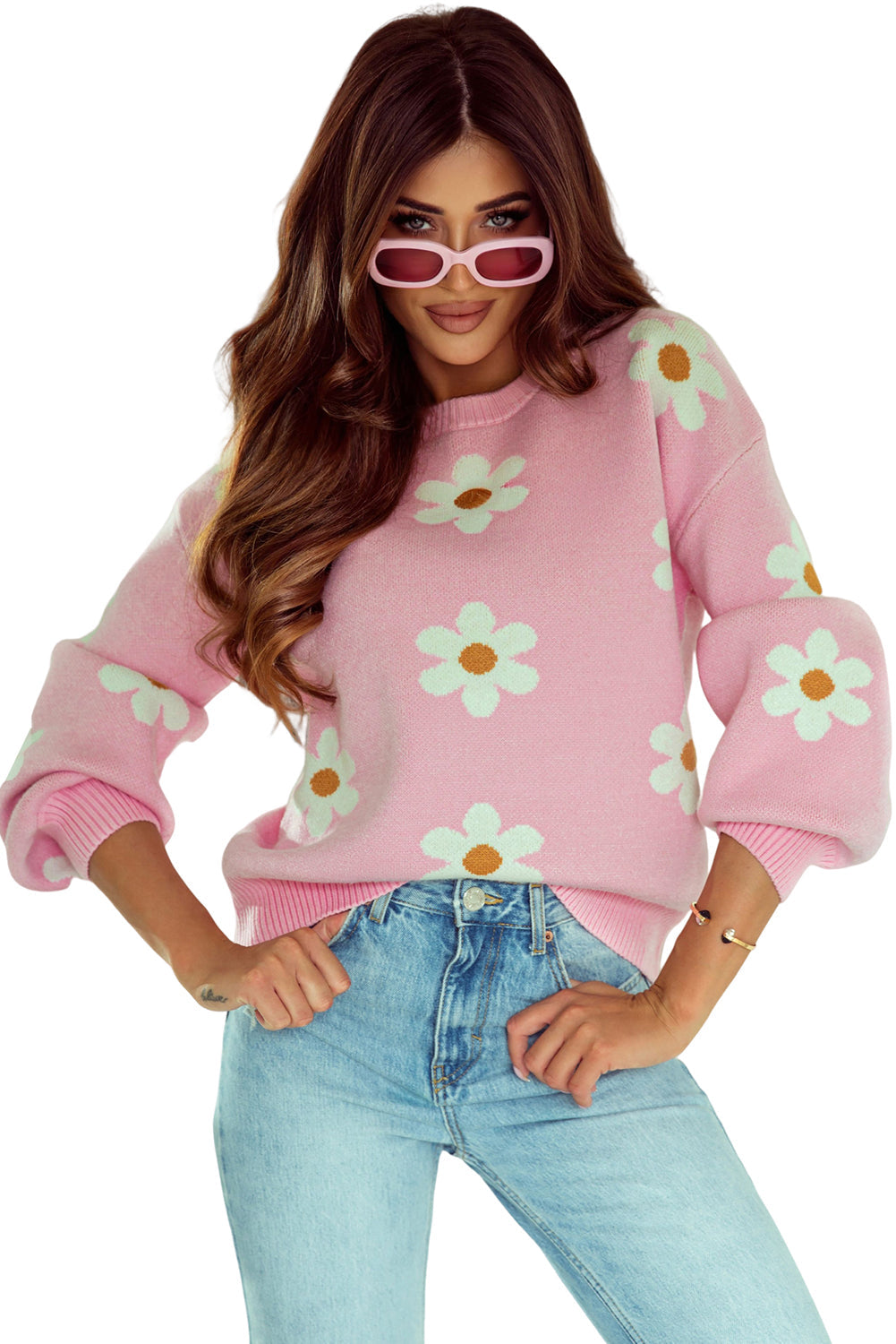 Sweater for Women Dropped-Shoulder Pink Floral-Print Pattern