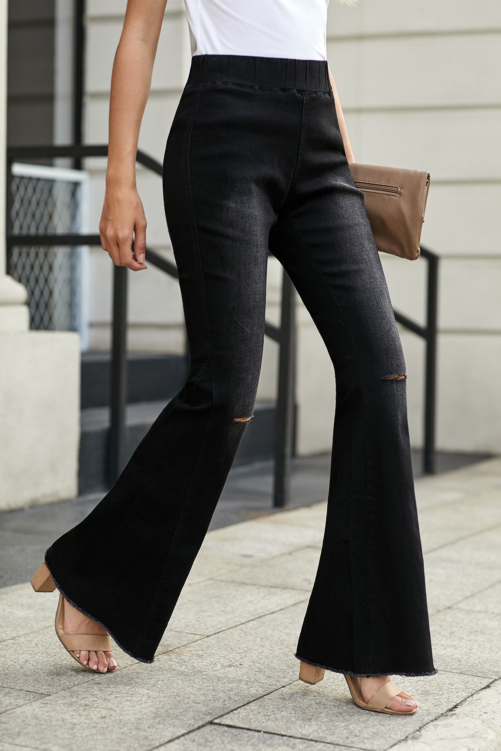 Pants for Women Black Distressed Ripped Flared Denim