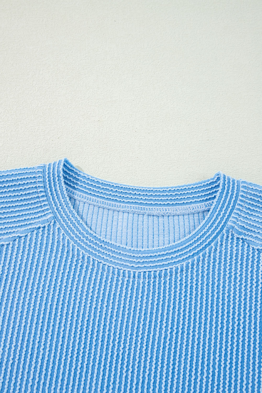 Knit Solid Corded Short-Sleeved T Shirt and Wide-Leg Pants Set in Blue
